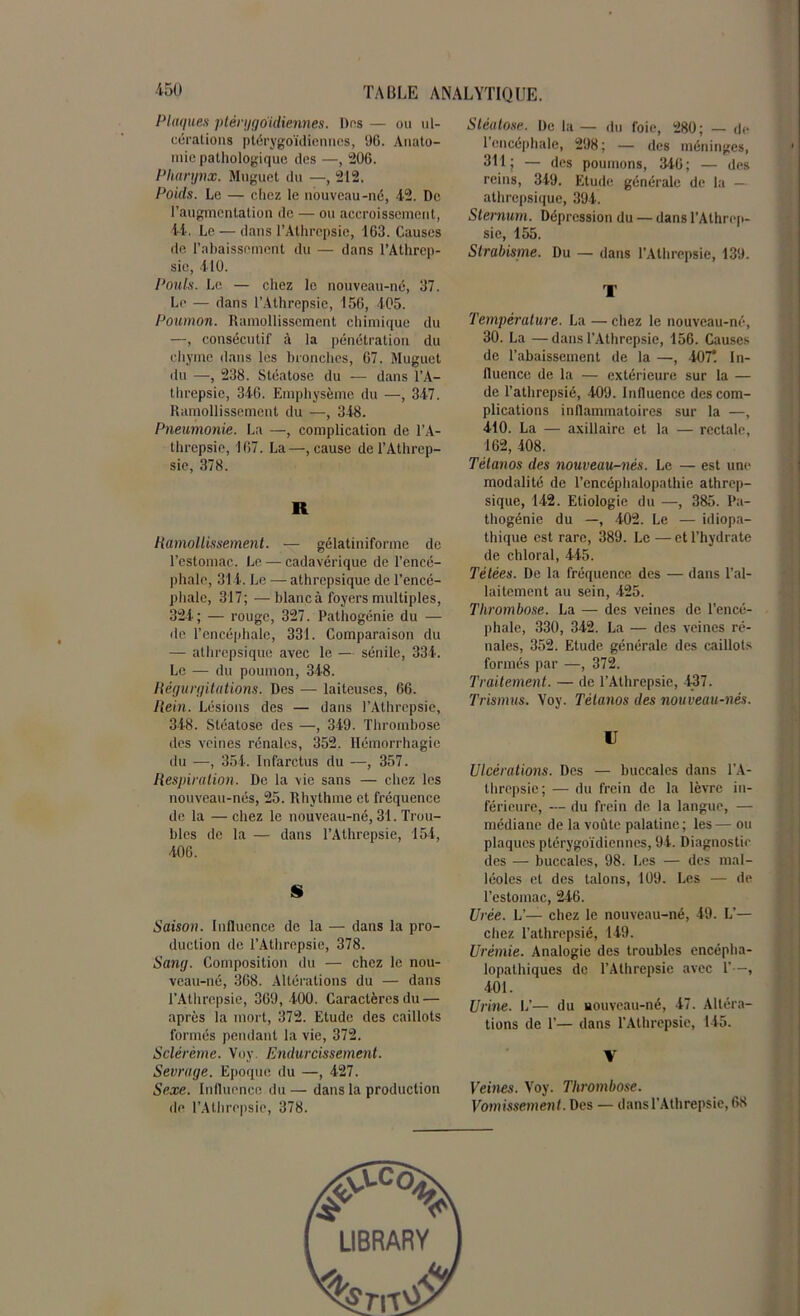 Plaques ptérygoidiennes. Dns — ou ul- cérations ptérygoidiennes, 96. Anato- mie pathologique des —, 206. Pharynx. Muguet du —, 212. Poids. Le — chez le nouveau-né, 42. De l’augmentation de — ou accroissement, il. Le — dans l’Athrcpsie, 163. Causes de rabaissement du — dans l’Athrep- sie, 410. Pouls. Le — chez le nouveau-né, 37. Le — dans l’Athrepsie, 156, 405. Poumon. Ramollissement chimique du —, consécutif à la pénétration du chyme dans les bronches, 67. Muguet du —, 238. Stéatose du — dans l’A- threpsie, 346. Emphysème du —, 347. Ramollissement du —, 348. Pneumonie. La —, complication de l’A- threpsie, 167. La—, cause de l’Athrep- sie, 378. R H[amollissement. — gélatiniforme de l’estomac. Le — cadavérique de l’encé- phale, 314. Le — athrepsique de l’encé- phale, 317; —blanc à foyers multiples, 324; — rouge, 327. Pathogénie du — de l’encéphale, 331. Comparaison du — athrepsique avec le — sénile, 334. Le — du poumon, 348. Régurgitations. Des — laiteuses, 66. Rein. Lésions des — dans l’Athrepsie, 348. Stéatose des —, 349. Thrombose des veines rénales, 352. Hémorrhagie du —, 354. Infarctus du —, 357. Respiration. De la vie sans — chez les nouveau-nés, 25. Rhythme et fréquence de la —chez le nouveau-né, 31. Trou- bles de la — dans l’Athrepsie, 154, 406. S Saison. Influence de la — dans la pro- duction de l’Athrepsie, 378. Sang. Composition du — chez le nou- veau-né, 368. Altérations du — dans l’Athrepsie, 369, 400. Caractères du — après la mort, 372. Etude des caillots formés pendant la vie, 372. Sclérème. Voy. Endurcissement. Sevrage. Epoque du —, 427. Sexe. Influence du — dans la production de l’Atbrepsie, 378. Stéatose. De la — du foie, 280; — de 1 encéphale, 298 ; — des méninges, 311; — des poumons, 346; — des reins, 349. Etude générale de la — athrepsique, 394. Sternum. Dépression du — dans l’Athrep- sie, 455. Strabisme. Du — dans l’Athrepsie, 439. T Température. La — chez le nouveau-né, 30. La — dans l’Athrepsie, 456. Causes de l’abaissement de la —, 407*. In- fluence de la — extérieure sur la — de l’athrepsié, 409. Influence des com- plications inflammatoires sur la —, 410. La — axillaire et la — rectale, 162, 408. Tétanos des nouveau-nés. Le — est une modalité de l’encéphalopathie athrep- sique, 142. Etiologie du —, 385. Pa- thogénie du —, 402. Le — idiopa- thique est rare, 389. Le — et l’hydrate de chloral, 445. Tétées. De la fréquence des — dans l’al- laitement au sein, 425. Thrombose. La — des veines de l’encé- phale, 330, 342. La — des veines ré- nales, 352. Etude générale des caillots formés par —, 372. Traitement. — de l’Athrepsie, 437. Trismus. Voy. Tétanos des nouveau-nés. U Ulcérations. Des — buccales dans l’A- threpsie; — du frein de la lèvre in- férieure, — du frein de la langue, — médiane de la voûte palatine; les— ou plaques ptérygoidiennes, 94. Diagnostic des — buccales, 98. Les — des mal- léoles et des talons, 109. Les — de l’estomac, 246. Urée. L’— chez le nouveau-né, 49. L’— chez l’athrepsié, 149. Urémie. Analogie des troubles encépha- lopathiques de l’Athrepsie avec 1’—, 401. Urine. L’— du uouveau-né, 47. Altéra- tions de 1’— dans l’Athrepsic, 145. V Veines. Voy. Thrombose. Vomissement. Des — dansl’Athrepsie, 68