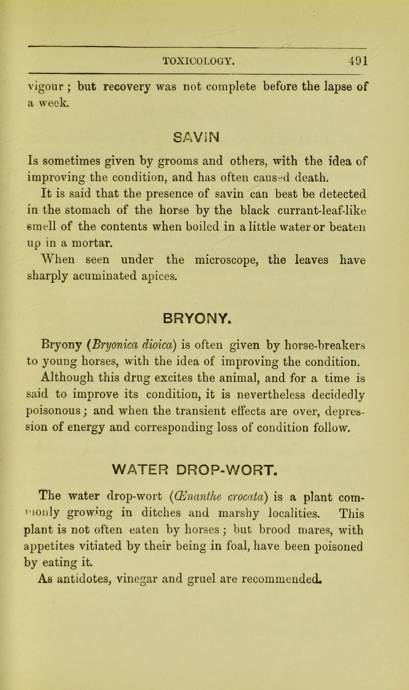 vigour; but recovery was not complete before the lapse of a week. SAVIN Is sometimes given by grooms and others, with the idea of improving the condition, and has often caused death. It is said that the presence of savin can best be detected in the stomach of the horse by the black currant-leaf-like smell of the contents when boiled in a little water or beaten up in a mortar. When seen under the microscope, the leaves have sharply acuminated apices. BRYONY. Bryony {Bryonica dioica) is often given by horse-breakers to young horses, with the idea of improving the condition. Although this drug excites the animal, and for a time is said to improve its condition, it is nevertheless decidedly poisonous; and when the transient effects are over, depres- sion of energy and corresponding loss of condition follow. WATER DROP-WORT. The water drop-wort {CEnanthe crocata) is a plant com- 'Monly growing in ditches and marshy localities. This plant is not often eaten by horses; but brood mares, with ajjpetites vitiated by their being in foal, have been poisoned by eating it. As antidotes, vinegar and gruel are recommended,