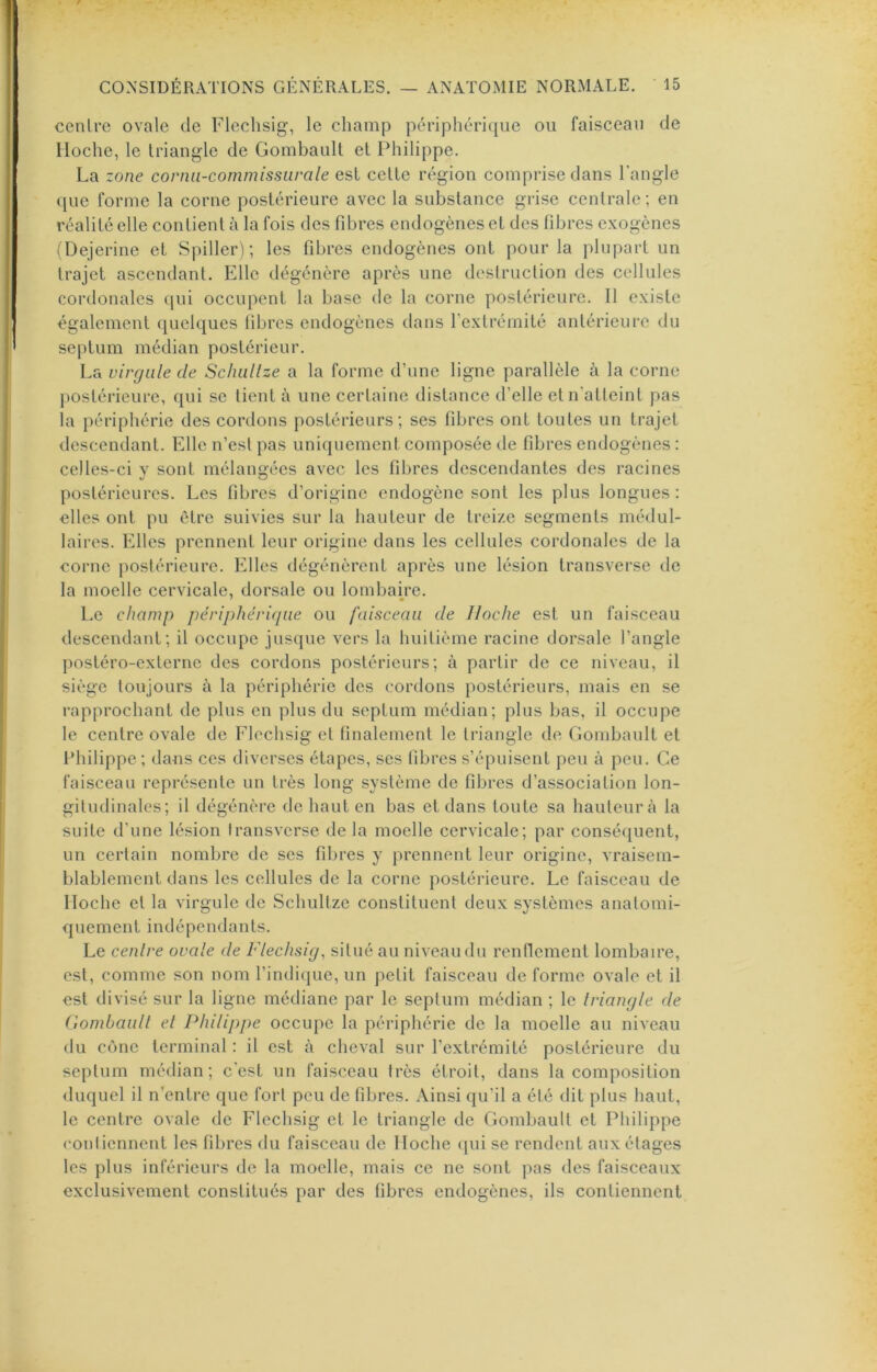 cenlre ovale de Fleclisig, le champ péi‘iphérif[ue ou faisceau de Hoche, le triangle de Gombault et Philippe. La zone cornii-commissiirale est cette région comprise dans l'angle que forme la corne postérieure avec la substance grise centrale; en réalité elle contient à la fois des fibres endogènes et des fibres exogènes (Dejerine et Spiller); les fibres endogènes ont pour la plupart un trajet ascendant. Elle dégénère après une destruction des cellules cordonales qui occupent la base de la corne postérieure. 11 existe également quelques fibres endogènes dans l’extrémité antérieure du septum médian postérieur. La virgule de Schullze a la forme d’une ligne parallèle à la corne postérieure, qui se tient à une certaine distance d’elle et n'atteint pas la périphérie des cordons postérieurs; ses fibres ont toutes un trajet descendant. Elle n’est pas uniquement composée de fibres endogènes ; celles-ci y sont mélangées avec les fibres descendantes des racines postérieures. Les fibres d’origine endogène sont les plus longues: elles ont pu être suivies sur la hauteur de treize segments médul- laires. Elles prennent leur origine dans les cellules cordonales de la corne postérieure. Elles dégénèrent après une lésion transverse de la moelle cervicale, dorsale ou lombame. Le champ périphérique ou faisceau de Hoche est un faisceau descendant; il occupe jusque vers la huitième racine dorsale l’angle postéro-externe des cordons postérieurs; à partir de ce niveau, il siège toujours à la périphérie des cordons postérieurs, mais en se rapprochant de plus en plus du septum médian; plus bas, il occupe le centre ovale de Fleclisig et finalement le triangle de Gombault et Philippe; dans ces diverses étapes, ses fibres s’épuisent peu à peu. Ce faisceau représente un très long système de fibres d’association lon- gitudinales; il dégénère de haut en bas et dans toute sa hauteur à la suite d’une lésion Iransverse de la moelle cervicale; par conséquent, un certain nombre de scs fibres y prennent leur origine, vraisem- blablement dans les cellules de la corne postérieure. Le faisceau de Hoche et la virgule de Schultze constituent deux systèmes anatomi- quement indépendants. Le cenlre ovale de Fleclisig, situé au niveau du renflement lombaire, est, comme son nom l’indique, un petit faisceau de forme ovale et il est divisé sur la ligne médiane par le septum médian ; le iriangle de ('lombaull el Philippe occupe la périphérie de la moelle au niveau du cône terminal : il est à cheval sur l’extrémité postérieure du septum médian; c'est un faisceau très étroit, dans la composition duquel il n’entre que fort peu de fibres. Ainsi qu’il a été dit plus haut, le centre ovale de Fleclisig et le triangle de Gombault et Philippe conliennent les fibres du faisceau de Hoche ([ui se rendent aux étages les plus inférieurs de la moelle, mais ce ne sont pas des faisceaux exclusivement constitués par des fibres endogènes, ils contiennent