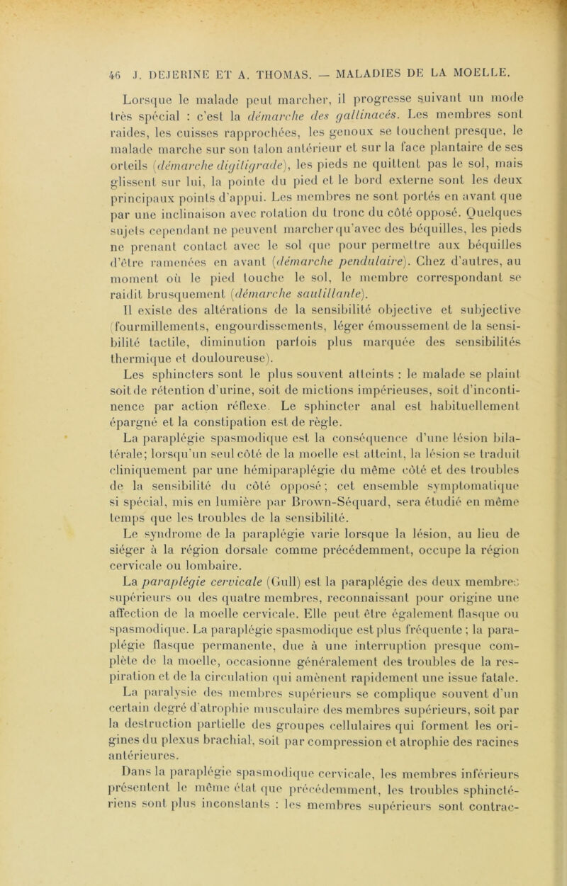 Lorsque le malade peul marchei’, il progresse suivant un mode très spécial : c’est la démarche des gallinacés. Les membres sont raides, les cuisses rapprochées, les genoux se louchent presque, le malade marche sur son talon antérieur et sur la lace plantaire de ses orteils {démarche digiligrade), les pieds ne quittent pas le sol, mais glissent sur lui, la pointe du pied et le bord externe sont les deux principaux points d’appui. Les membres ne sont portés en avant que par une inclinaison avec rotation du tronc du côté opposé. Quelques su jets cependant ne peuvent marcher qu’avec des béquilles, les pieds ne prenant contact avec le sol que pour permettre aux béquilles d’étre ramenées en avant [démarche pendulaire). Chez d’autres, au moment où le pied louche le sol, le membre correspondant se raidit brusquement [démarche saillillanle). 11 existe des altérations de la sensibilité objective et subjective (fourmillements, engourdissements, léger émoussement de la sensi- bilité tactile, diminution parfois plus marquée des sensibilités thermi(jue et douloureuse). Les sphincters sont le plus souvent atteints : le malade se plaint soit de rétention d’urine, soit de mictions impérieuses, soit d’inconti- nence par action réflexe. Le sphincter anal est habituellement épargné et la constipation est de règle. La paraplégie spasmodique est la consé(pience d’une lésion bila- térale; lorsqu’un seul côté de la moelle est atteint, la lésion se traduit cliniquement par une hémiparaplégie du même côté et des troubles de la sensibilité du côté opposé; cet ensemble symptomatique si spécial, mis en lumière par Brown-Sé(juard, sera étudié en même temps que les troubles de la sensibilité. Le syndrome de la paraplégie varie lorsque la lésion, au lieu de siéger à la région dorsale comme précédemment, occupe la région cervicale ou lombaire. La paraplégie cervicale (Gull) est la paraplégie des deux membrec supérieurs ou des quatre membres, reconnaissant pour origine une affection de la moelle cervicale. Elle peut être également tlascpic ou spasmodique. La paraplégie spasmodi(|ue est plus fréquente ; la para- plégie flasque permanente, due à une interruption ])resque com- plète de la moelle, occasionne généralement des troubles de la res- piration et de la circulation qui amènent rapidement une issue fatale. La paralysie des membres supérieurs se complique souvent d’un certain degré d atro})hie musculaire des membres supérieurs, soit par la destruction partielle des groupes cellulaires qui forment les ori- gines du plexus brachial, soit par compression et atrophie des racines antérieures. Dans la paraplégie spasmodi([ue cervicale, les memljres inférieurs présentent le même état (pie précédemment, les troubles sphincté- riens sont plus inconstants : les membres supérieurs sont contrac-