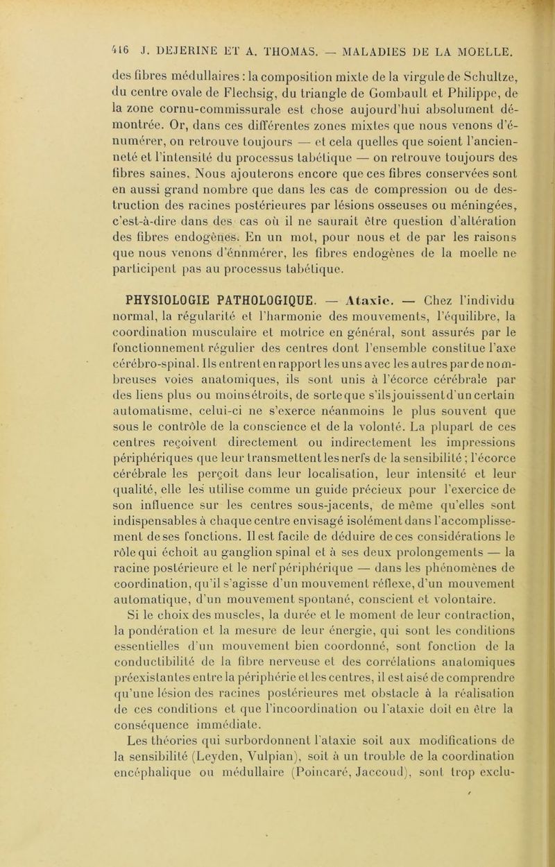 des fibres médullaires : la composition mixte de la virg ule de Schultze, du centre ovale de Flechsig, du triangle de Gombault et Philippe, de la zone cornu-commissurale est chose aujourd’hui absolument dé- montrée. Or, dans ces dilïérentes zones mixtes que nous venons d’é- numérer, on retrouve toujours — et cela quelles que soient l’ancien- neté et l’intensité du processus tabétique — on retrouve toujours des fibres saines. Nous ajouterons encore que ces fibres conservées sont en aussi grand nombre que dans les cas de compression ou de des- truction des racines postérieures par lésions osseuses ou méningées, c’est-à-dire dans des cas où il ne saurait être question d’altération des fibres endogènes. En un mot, pour nous et de par les raisons que nous venons d’énnmércr, les fibres endogènes de la moelle ne participent pas au processus tabétique. PHYSIOLOGIE PATHOLOGIQUE. — Ataxie. — Chez l’individu normal, la régularité et l’harmonie des mouvements, l’équilibre, la coordination musculaire et motrice en général, sont assurés par le fonctionnement régulier des centres dont l’ensemble constitue l’axe cérébro-spinal. Ils entrent en rapport les uns avec les autres par de nom- breuses voies anatomiques, ils sont unis à l’écorce cérébrale par des liens plus ou moinsétroits, de sorte que s’ilsjouissentd’un certain automatisme, celui-ci ne s’exerce néanmoins le plus souvent que sous le contrôle de la conscience et de la volonté. La plupart de ces centres reçoivent directement ou indirectement les impressions périphériques que leur transmettent les nerfs de la sensibilité ; l’écorce cérébrale les perçoit dans leur localisation, leur intensité et leur (jualité, elle les utilise comme un guide précieux pour l’exercice de son influence sur les centres sous-jacents, de même qu’elles sont indispensables à chaque centre envisagé isolément dans l’accomplisse- ment de ses fonctions. Il est facile de déduire de ces considérations le rôle qui échoit au ganglion spinal et à ses deux prolongements — la racine postérieure et le nerf périphérique — dans les phénomènes de coordination, qu’il s’agisse d’un mouvement réflexe, d’un mouvement automatique, d’un mouvement spontané, conscient et volontaire. Si le choix des muscles, la durée et le moment de leur contraction, la pondération et la mesure de leur énergie, qui sont les conditions essentielles d’un mouvement bien coordonné, sont fonction de la conductibilité de la fibre nerveuse et des corrélations anatomiques préexistantes entre la périphérie et les centres, il est aisé de comprendre ([Li’une lésion des racines postérieures met obstacle à la réalisation de ces conditions et que l’incoordination ou l'ataxie doit en être la consé(juence immédiate. Les théories qui surbordonnent l'ataxie soit aux modifications de la sensibilité (Leyden, Vulpian), soit à un trouble de la coordination encéphalique ou médullaire (Poincaré, Jaccoud), sont trop exclu-