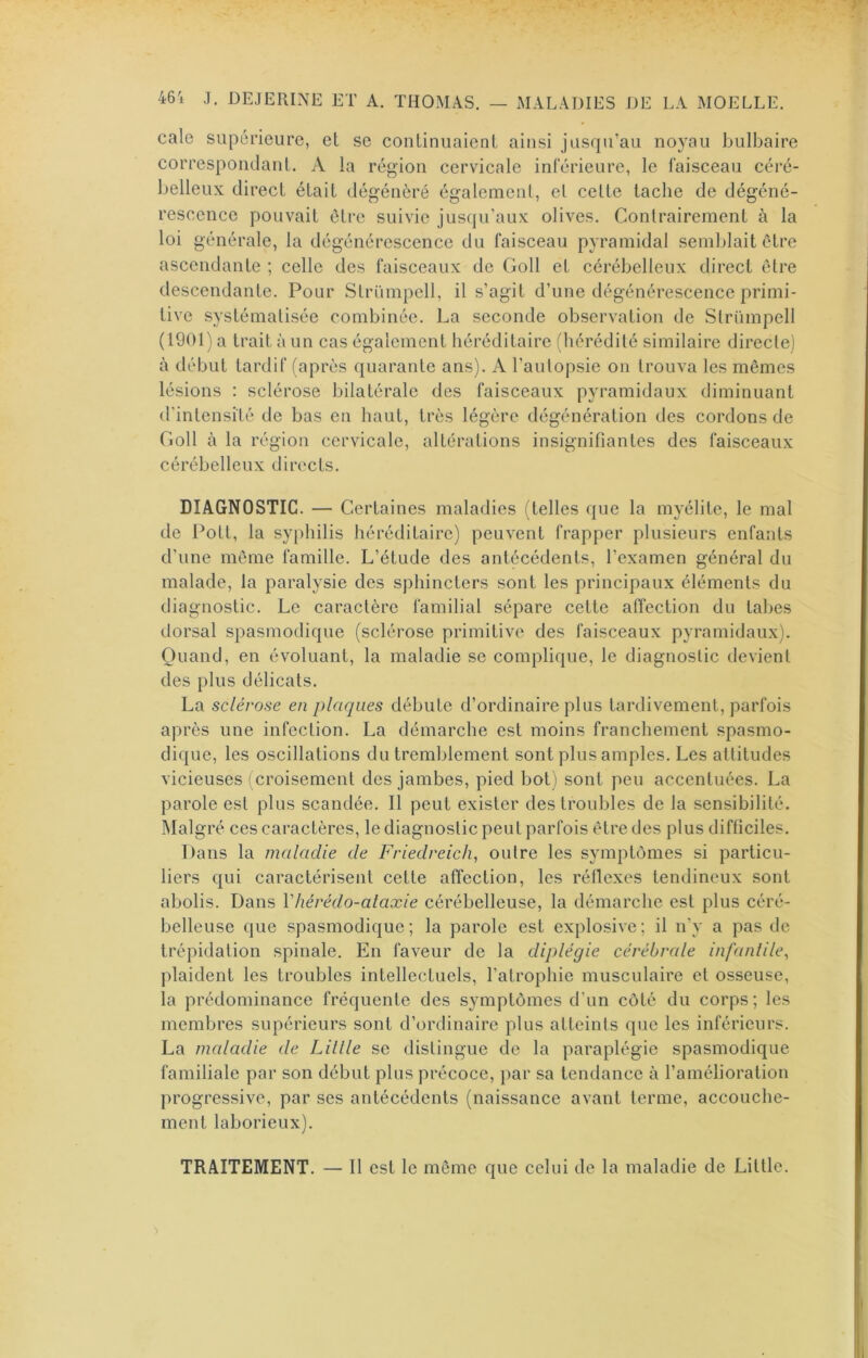 cale supérieure, et se conlinuaienl ainsi jusqu’au noyau bulbaire correspondant. A la région cervicale inferieure, le faisceau céré- belleux direct était dégénéré également, et cette tache de dégéné- rescence pouvait être suivie jusqu’aux olives. Contrairement à la loi générale, la dégénérescence du faisceau pyramidal semblait être ascendante ; celle des faisceaux de Goll et cérébelleux direct être descendante. Pour Strümpell, il s’agit d’une dégénérescence primi- tive systématisée combinée. La seconde observation de Slrümpell (1901) a trait à un cas également héréditaire (hérédité similaire directe) à début tardif (après quarante ans). A l’autopsie on trouva les mêmes lésions : sclérose bilatérale des faisceaux pyramidaux diminuant d’intensité de bas en haut, très légère dégénération des cordons de Coll à la région cervicale, altérations insignifiantes des faisceaux cérébelleux directs. DIAGNOSTIC. — Certaines maladies (telles que la myélite, le mal de Poil, la syphilis héréditaire) peuvent frapper plusieurs enfants d’une même famille. L’étude des antécédents, l’examen général du malade, la paralysie des sphincters sont les principaux éléments du diagnostic. Le caractère familial sépare cette affection du tahes dorsal spasmodique (sclérose primitive des faisceaux pyramidaux). Quand, en évoluant, la maladie se complique, le diagnostic devient des plus délicats. La sclérose en plaques débute d’ordinaire plus tardivement, parfois après une infection. La démarche est moins franchement spasmo- dique, les oscillations du tremblement sont plus amples. Les attitudes vicieuses (croisement des jambes, pied bot) sont peu accentuées. La parole est plus scandée. Il peut exister des troubles de la sensibilité. Malgré ces caractères, le diagnostic peut parfois être des plus difficiles. Dans la maladie de Friedreich, outre les symptômes si particu- liers qui caractérisent cette affection, les réflexes tendineux sont abolis. Dans Vhérédo-alaxie cérébelleuse, la démarche est plus céré- belleuse que spasmodique; la parole est explosive; il n’y a pas de trépidation spinale. En faveur de la diplégie cérébrale infantile, plaident les troubles intellectuels, l’atrophie musculaire et osseuse, la prédominance fréquente des symptômes d’un côté du corps; les membres supérieurs sont d’ordinaire plus atteints que les inférieurs. La maladie de Lillle se distingue de la paraplégie spasmodique familiale par son début plus précoce, par sa tendance à l’amélioration progressive, par ses antécédents (naissance avant terme, accouche- ment laborieux). TRAITEMENT. — Il est le même que celui de la maladie de Little.