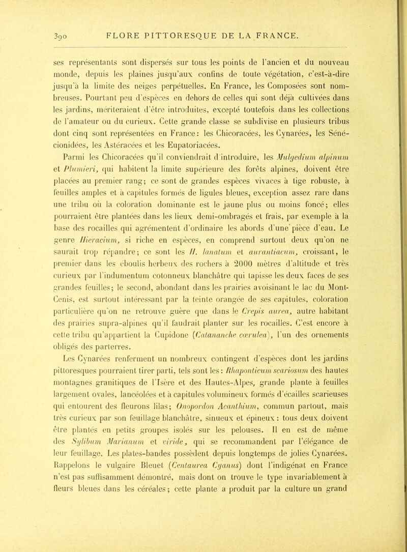 ses représentants sont dispersés sur tous les points de l’ancien et du nouveau monde, depuis les plaines jusqu’aux confins de toute végétation, c’est-à-dire jusqu’à la limite des neiges perpétuelles. En France, les Composées sont nom- breuses. Pourtant peu d’espèces en dehors de celles qui sont déjà cultivées dans les jardins, mériteraient d’étre introduites, excepté toutefois dans les collections de l’amateur ou du curieux. Cette grande classe se subdivise en plusieurs tribus dont cinq sont représentées en France: les Cliicoracées, les Cynarées, les Séné- cionidées, les Astéracées et les Eupatoriacées. Parmi les Cliicoracées qu’il conviendrait d introduire, les Mulgedium alpinum et Plumieri, qui habitent la limite supérieure des forêts alpines, doivent être placées au premier rang; ce sont de grandes espèces vivaces à tige robuste, à feuilles amples et à capitules formés de ligules bleues, exception assez rare dans une tribu où la coloration dominante est le jaune plus ou moins foncé; elles pourraient être plantées dans les lieux demi-ombragés et frais, par exemple à la base des rocailles qui agrémentent d’ordinaire les abords d’une’pièce d’eau. Le genre I/ieracium, si riche en espèces, en comprend surtout deux qu’on ne saurait trop répandre; ce sont les //. (analum et auranliacum, croissant, le premier dans les éboulis herbeux des rochers à 2000 mètres d’altitude et très curieux par l’indumentum cotonneux blanchâtre qui la[)isse les deux faces de ses grandes feuilles; le secoml, abondant dans les prairies avoisinant le lac du Mont- Cenis, est surtout intéressant par la teinte orangée de ses capitules, coloration particulière qu'on ne retrouve guère que dans le Crcpis aiirea, autre habitant des prairies supra-alpines (pi’il faudrait planter sur les rocailles. C’est encore à cette tribu (ju’appartieut la Cupidone {Catananche cærulea), l’un des ornements obligés des parterres. Les Cynarées renferment un nombreux contingent d’espèces dont les jardins pittoresques pourraient tirer parti, tels sont les: Wiaponticumscariosum des hautes montagnes granitiques de l’Isère et des Hautes-Alpes, grande plante à feuilles largement ovales, lancéolées et à capitules volumineux formés d’écailles scarieuses qui entourent des lleurons lilas; Onopordon Acanthium, commun partout, mais très curieux par son feuillage blanchâtre, sinueux et épineux : tous deux doivent être plantés en petits groupes isolés sur les pelouses. Il en est de même des Sijlibam iVarianum et viride, qui se recommandent par l’élégance de leur feuillage. Les plates-bandes possèdent depuis longtemps de jolies Cynarées. Rappelons le vulgaire Bleuet [Centaurea Cijanus) dont l’indigénat en France n’est pas suffisamment démontré, mais dont on trouve le type invariablement à fleurs bleues dans les céréales; cette plante a produit par la culture un grand