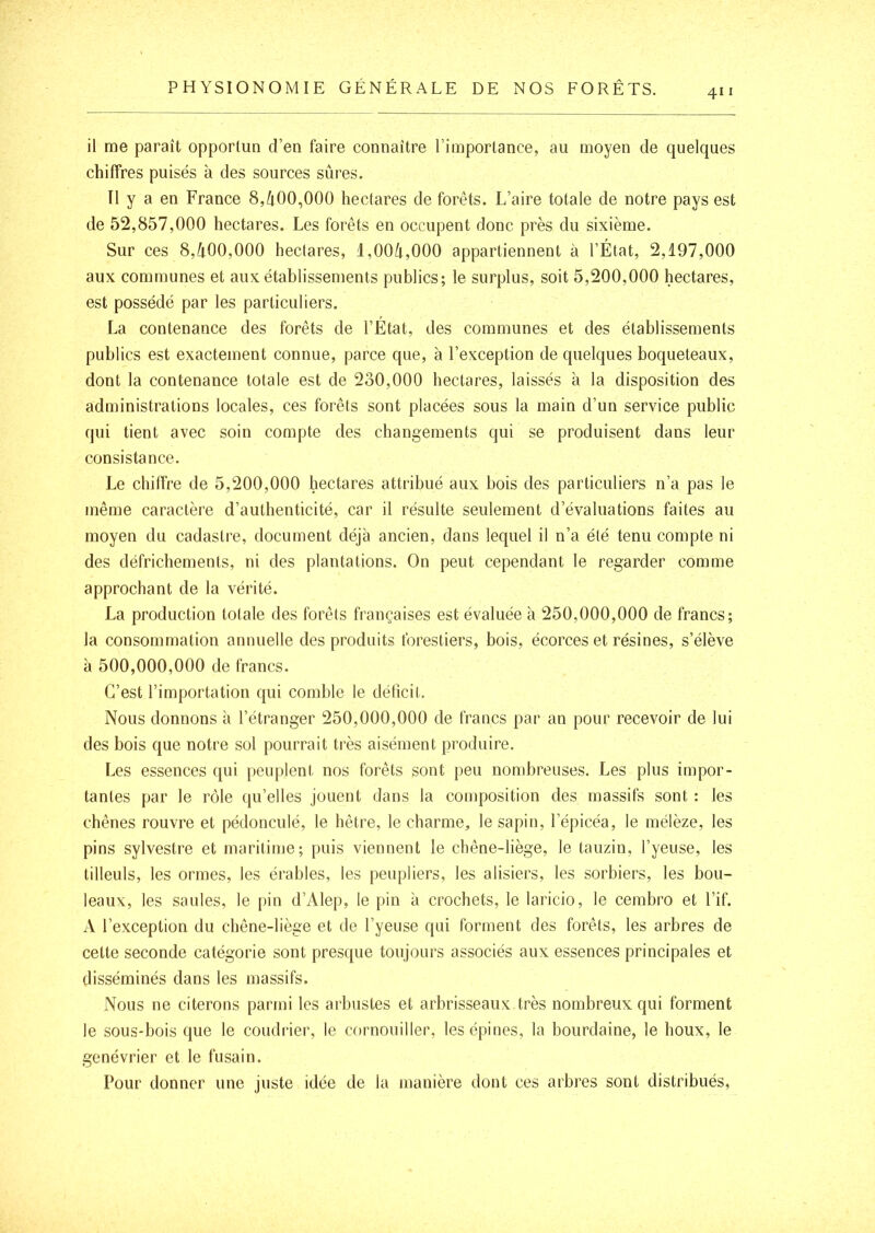 411 il me paraît opportun d’en faire connaître l’importance, au moyen de quelques chiffres puisés à des sources sûres. Tl y a en France 8,û00,000 hectares de forêts. L’aire totale de notre pays est de 52,857,000 hectares. Les forêts en occupent donc près du sixième. Sur ces 8,û00,000 hectares, l,00û,000 appartiennent à l’État, 2,197,000 aux communes et aux établissements publics; le surplus, soit 5,200,000 hectares, est possédé par les particuliers. La contenance des forêts de l’État, des communes et des établissements publics est exactement connue, parce que, à l’exception de quelques boqueteaux, dont la contenance totale est de 230,000 hectares, laissés à la disposition des administrations locales, ces forêts sont placées sous la main d’un service public qui tient avec soin compte des changements qui se produisent dans leur consistance. Le chiffre de 5,200,000 hectares attribué aux bois des particuliers n’a pas le même caractère d’authenticité, car il résulte seulement d’évaluations faites au moyen du cadastre, document déjà ancien, dans lequel il n’a été tenu compte ni des défrichements, ni des plantations. On peut cependant le regarder comme approchant de la vérité. La production totale des forêts françaises est évaluée à 250,000,000 de francs; la consommation annuelle des produits forestiers, bois, écorces et résines, s’élève à 500,000,000 de francs. C’est l’importation qui comble le déficit. Nous donnons à l’étranger 250,000,000 de francs par an pour recevoir de lui des bois que notre sol pourrait très aisément produire. Les essences qui [jeuplent nos forêts sont peu nombreuses. Les plus impor- tantes par le rôle qu’elles jouent dans la composition des massifs sont : les chênes rouvre et pédonculé, le hêtre, le charme, le sapin, l’épicéa, le mélèze, les pins sylvestre et maritime; puis viennent le chêne-liège, le tauzin, l’yeuse, les tilleuls, les ormes, les érables, les peupliers, les alisiers, les sorbiers, les bou- leaux, les saules, le pin d’Alep, le pin à crochets, le laricio, le cembro et l’if. A l’exception du chêne-liège et de l’yeuse qui forment des forêts, les arbres de cette seconde catégorie sont presque toujours associés aux essences principales et disséminés dans les massifs. Nous ne citerons parmi les arbustes et arbrisseaux très nombreux qui forment le sous-bois que le coudrier, le cornouiller, les épines, la bourdaine, le houx, le genévrier et le fusain. l’our donner une juste idée de la manière dont ces arbres sont distribués.