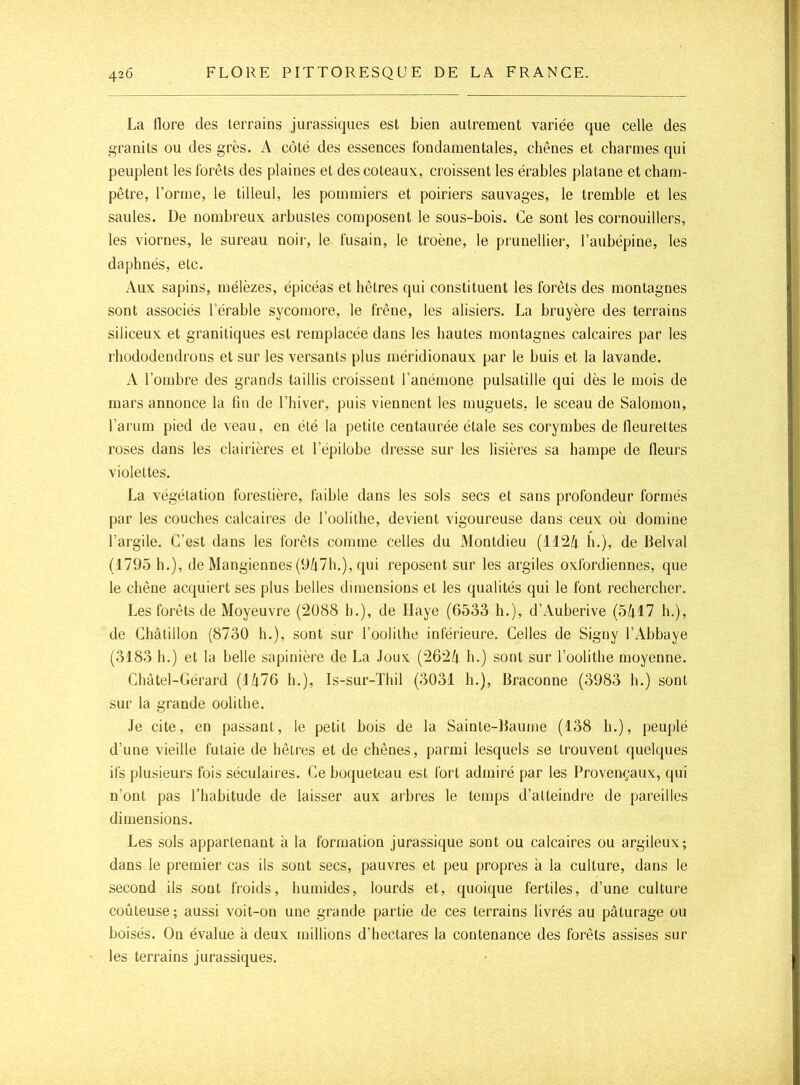 La tlore des terrains jurassiques est bien autrement variée que celle des granits ou des grès. A côté des essences fondamentales, chênes et charmes qui peuplent les forêts des plaines et des coteaux, croissent les érables platane et cham- pêtre, l’orme, le tilleul, les pommiers et poiriers sauvages, le tremble et les saules. De nombreux arbustes composent le sous-bois. Ce sont les cornouillers, les viornes, le sureau noir, le fusain, le troène, le prunellier, l’aubépine, les daphnés, etc. Aux sapins, mélèzes, épicéas et hêtres qui constituent les forêts des montagnes sont associés l’érable sycomore, le frêne, les alisiers. La bruyère des terrains siliceux et granitiques est remplacée dans les hautes montagnes calcaires par les rhododendrons et sur les versants plus méridionaux par le buis et la lavande. A l’ombre des grands taillis croissent l’anémone pulsatille qui dès le mois de mars annonce la fin de l’hiver, puis viennent les muguets, le sceau de Salomon, l’arum pied de veau, en été la petite centaurée étale ses corymbes de fleurettes roses dans les clairières et l’épilobe dresse sur les lisières sa hampe de fleurs violettes. La végétation forestière, faible dans les sols secs et sans profondeur formés par les couches calcaires de l’oolithe, devient vigoureuse dans ceux où domine l’argile. C’est dans les forêts comme celles du Montdieu (112/|. h.), de Belval (1795 h.), de Mangiennes (9ù7h.), qui reposent sur les argiles oxfordiennes, que le chêne acquiert ses plus belles dimensions et les qualités qui le font rechercher. Les forêts de Moyeuvre (2088 h.), de Haye (6533 h.), d’Auberive (5/tl7 h.), de Chàtillon (8730 h.), sont sur l’oolithe inférieure. Celles de Signy l’Abbaye (3183 h.) et la belle sapinière de La .loux (262/i h,) sont sur l’oolithe moyenne. Chàtel-Gérard (l/i7G h.), Is-sur-Thil (3031 h.). Braconne (3983 h.) sont sur la grande oolithe. Je cite, en passant, le petit bois de la Sainte-Baume (138 h.), peuplé d’une vieille futaie de hêtres et de chênes, parmi lesquels se trouvent quelques ifs plusieurs fois séculaires. Ce boqueteau est fort admiré par les Provençaux, qui n’ont pas l’habitude de laisser aux arbres le temps d’atteindre de pareilles dimensions. Les sols appartenant à la formation jurassique sont ou calcaires ou argileux; dans le premier cas ils sont secs, pauvres et peu propres à la culture, dans le second ils sont froids, humides, lourds et, quoique fertiles, d’une culture coûteuse; aussi voit-on une grande partie de ces terrains livrés au pâturage ou boisés. On évalue à deux millions d’hectares la contenance des forêts assises sur les terrains jurassiques.