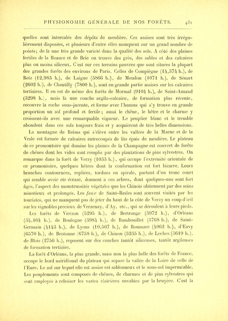 quelles sont intercalés des dépôts de meulière. Ces assises sont très irrégu- lièrement disposées, et plusieurs d’entre elles manquent sur un grand nombre de points; de là une très grande variété dans la qualité des sols. A côté des plaines fertiles de la Beauce et de Brie on trouve des grès, des sables et des calcaires plus ou moins siliceux. C’est sur ces terrains pauvres que sont situées la plupart des grandes forêts des environs de Paris. Celles de Compiègne {ilx,olh b.), de Retz (12,983 h.), de Laigue (3866 h.), de Meudon (1071 h.), de Sénart (2602 h.), de Cbantilly (7800 h.), sont en grande partie assises sur les calcaires tertiaires. 11 en est de même des forêts de Mormal (910/i h.), de Saint-Amand (3298 h.), mais là une couche argilo-calcaire, de formation plus récente, recouvre la roche sous-jacente, et forme avec l’humus qui s’y trouve en grande proportion un sol profond et fertile ; aussi le chêne, le hêtre et le charme y croissent-ils avec une remarquable vigueur. Le peuplier blanc et le tremble abondent dans ces sols toujours frais et y acquièrent de très belles dimensions. La montagne de Reims qui s’élève entre les vallées de la Marne et de la Vesle est formée de calcaires entrecoupés de lits épais de meulière. Le plateau de ce promontoire qui domine les plaines de la Champagne est couvert de forêts de chênes dont les vides sont remplis par des plantations de pins sylvestres. On remarque dans la forêt de Verzy (1033 h.), qui occupe l’extrémité orientale de ce promontoire, quelques hêtres dont la conformation est fort bizarre. Leurs branches contournées, repliées, tordues en spirale, partant d’un tronc court qui semble avoir été écrasé, donnent à ces arbres, dont quelques-uns sont foi t âgés, l’aspect des monstruosités végétales que les Chinois obtiennent par des soins minutieux et prolongés. Les faux de Saint-Basles sont souvent visités par les touristes, qui ne manquent pas de jeter du haut de la côte de Verzy un coup d’œil sur les vignobles précieux de Verzenay, d’Ay, etc., qui se déroulent à leurs pieds. Les forêts de Vierzon (5295 h.), de Bertrange (3972 h.), d’Orléans (3/i,16/t h.), de Boulogne (398lJ- h.), de Rambouillet (5768 h.), de Saint- Germain {klko h.), de Lyons (10,507 h.), de Roumare (4062 h.), d’Eavy (6570 h.), de Brotonne (6758 h.), de Chinon (5235 h.), de Loches (3619 h.), de Blois (2756 h.), reposent sur des couches tantôt siliceuses, tantôt argileuses de formation tertiaire. La forêt d’Orléans, la plus grande, mais non la plus belle des forêts de France, occupe le bord méridional du plateau qui sépare la vallée de la Loire de celle de l’Eure. Le sol sur lequel elle est assise est sablonneux et le sous-sol imperméable. Les peu|)lements sont composés de chênes, de charmes et de pins sylvestres qui sont employés a reboiser les vastes clairières envahies par la bruyère. C’est la