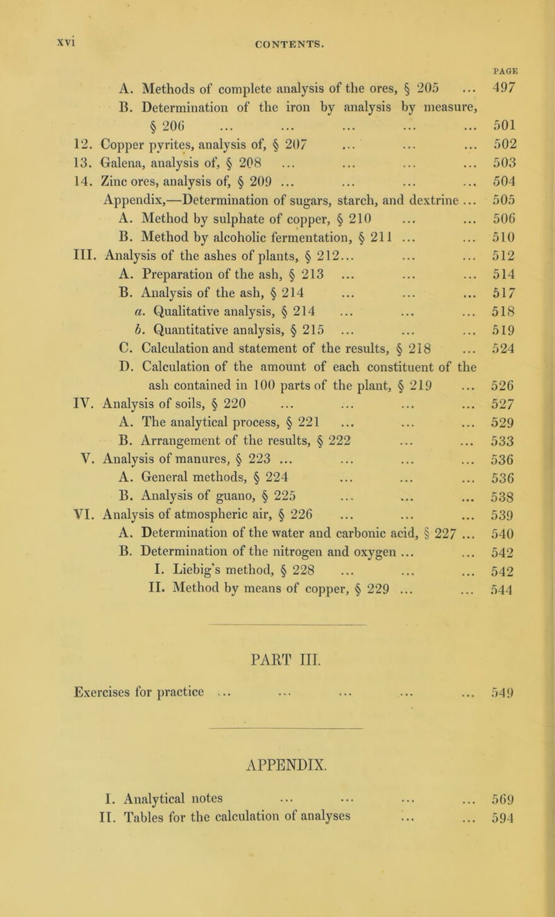 PAGE A. Methods of complete analysis of the ores, § 205 ... 497 B. Determination of the iron by analysis by measure, § 200 ... ... ... ... ... 501 12. Copper pyrites, analysis of, § 207 ... ... ... 502 13. Galena, analysis of, § 208 ... ... ... ... 503 14. Zinc ores, analysis of, § 209 ... ... ... ... 504 Appendix,—Determination of sugars, starch, and dextrine ... 505 A. Method by sulphate of copper, § 210 ... ... 500 B. Method by alcoholic fermentation, § 211 ... ... 510 III. Analysis of the ashes of plants, § 212... ... ... 512 A. Preparation of the ash, §213 ... ... ... 514 B. Analysis of the ash, §214 ... ... ... 517 n. Qualitative analysis, §214 ... ... ... 518 b. Quantitative analysis, §215 ... ... ... 519 C. Calculation and Statement of the results, § 218 ... 524 D. Calculation of the amount of each constituent of the ash contained in 100 parts of the plant, § 219 ... 526 IV. Analysis of soils, § 220 ... ... ... ... 527 A. The analytical process, § 221 ... ... ... 529 B. Arrangement of the results, § 222 ... ... 533 V. Analysis of manures, § 223 ... ... ... ... 536 A. General methods, § 224 ... ... ... 536 B. Analysis of guano, § 225 ... ... ... 538 VI. Analysis of atmospheric air, § 226 ... ... ... 539 A. Determination of the water and carbonic acid, § 227 ... 540 B. Determination of the nitrogen and oxygen ... ... 542 I. Liebig's method, § 228 ... ... ... 542 II. Method by means of copper, § 229 ... ... 544 PART III. Exercises for practice ... ... ... ... ... 549 APPENDIX. I. Analytical notes ... ... ... ... 569 II. Tables for the calculation of analyses ... ... 594