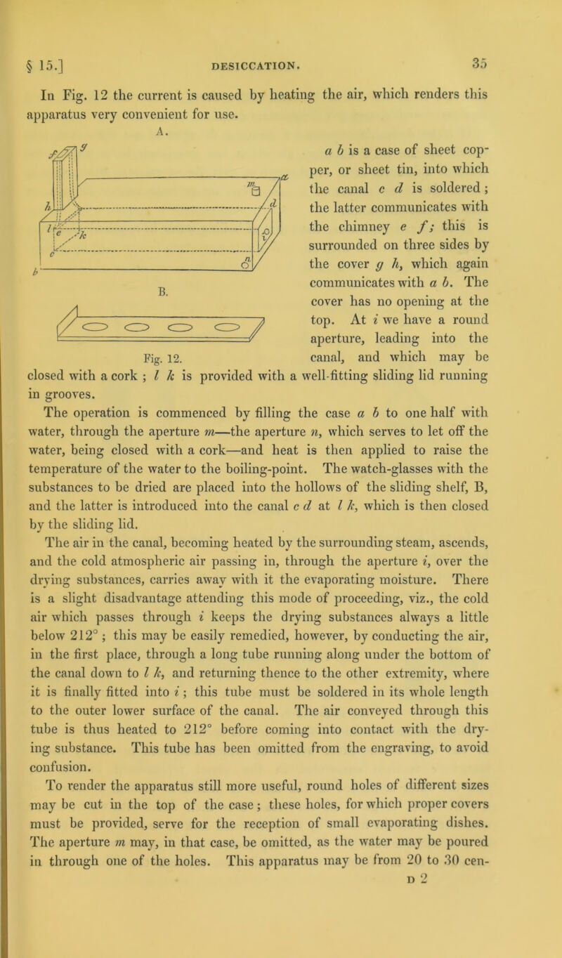 In Fig. 12 the current is caused by beating the air, which renders this a b is a case of sheet cop- per, or sheet tin, into which the canal c d is soldered; the latter communicates with the chimney e f; this is surrounded on three sides by the cover g h, which again communicates with a b. The cover has no opening at tlie top. At i we have a round aperture, leading into the closed with a cork ; l k is provided with a well-fitting sliding lid running in grooves. The Operation is commenced by filling the case ab to one half with water, through the aperture m—the aperture n, which serves to let off the water, being closed with a cork—and heat is then applied to raise the temperature of the water to the boiling-point. The watch-glasses with the substances to be dried are placed into the hollows of the sliding shelf, B, and the latter is introduced into the canal c d at / h, which is then closed by the sliding lid. The air in the canal, beeoming heated by the surrounding steam, ascends, and the cold atmospheric air passing in, through the aperture i, over the drving substances, carries away with it the evaporating moisture. There is a slight disadvantage attending this mode of proceeding, viz., the cold air which passes through i keeps the drying substances always a little below 212° ; this may be easily remedied, however, by conducting the air, in the first place, through a long tube running along under the bottom of the canal down to l /c, and returning thence to the other extremity, where it is finally fitted into i; this tube must be soldered in its wdiole length to the outer lower surface of the canal. The air conveyed through this tube is thus heated to 212° before coming into contact witli the dry- ing substance. This tube has been omitted from the engraving, to avoid confusion. To render the apparatus still more useful, round holes of different sizes may be cut in the top of the case; these holes, for which proper covers must be provided, serve for the reception of small evaporating dishes. The aperture m may, in that case, be omitted, as the water may be poured in through one of the holes. This apparatus may be from 20 to 30 cen- d 2 apparatus very convenient for use. A. 7