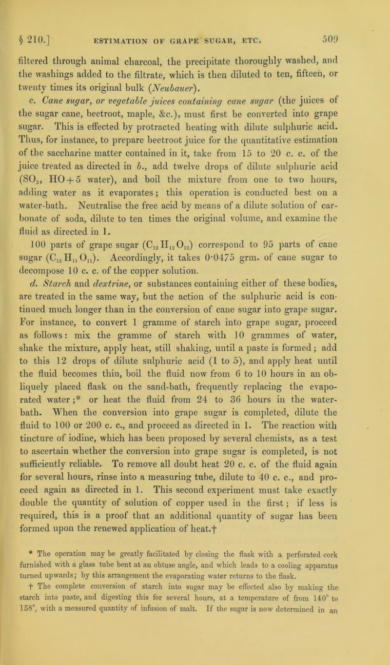 filtcred through animal cliarcoal, the precipitate tlioroughly washed, and the washings added to the filtrate, which is then diluted to ten, fifteen, or twenty times its original bulk (Neubauer). c. Cane sugar, or vegetable juices containing cane sugar (the juices of the sugar cane, beetroot, maple, &c.), must first be converted into grape sugar. This is effected by protracted beating witb dilute sulpburic acid. Tlius, for instance, to prepare beetroot juice for the quantitative estimation of the saccharine matter contained in it, take from 15 to 20 c. c. of the juice treated as directed in b., add twelve drops of dilute sulpburic acid (S03, HO+ 5 water), and boil the mixture from one to two hours, adding water as it evaporates; this Operation is conducted best on a water-batb. Neutralise tlie free acid bymeans of a dilute solution of car- bonate of soda, dilute to ten times the original volume, and examine the fluid as directed in 1. 100 parts of grape sugar (C12H12012) correspond to 95 parts of cane sugar (C12HuOu). Accordingly, it takes 0-0-175 grm. of cane sugar to decompose 10 c. c. of the copper solution. d. Starch and dextrine, or substances containing either of these bodies, are treated in the same way, but the action of the sulpburic acid is con- tinued much longer than in the conversion of cane sugar into grape sugar. For instance, to convert 1 gramme of starch into grape sugar, proceed as follows: mix the gramme of starch witb ] 0 grammes of water, shake the mixture, apply heat, still shaking, until a paste is formed; add to this 12 drops of dilute sulpburic acid (1 to 5), and apply heat until the fluid becomes thin, boil the fluid now from 6 to 10 hours in an ob- liquelv placed flask on the sand-bath, frequently replacing the evapo- rated water ;* or heat the fluid from 24 to 36 hours in the water- bath. When the conversion into grape sugar is completed, dilute the fluid to 100 or 200 c. c., and proceed as directed in 1. The reaction witb tincture of iodine, which bas been proposed by several chemists, as a test to ascertain whether the conversion into grape sugar is completed, is not suflficiently reliable. To remove all doubt heat 20 c. c. of the fluid again for several hours, rinse into a measuring tube, dilute to 40 c. c., and pro- ceed again as directed in 1. This second experiment must take exactly double the quantity of solution of copper used in the first; if less is required, this is a proof that an additional quantity of sugar has been formed upon the renewed application of heat.f * The Operation may be greatly facilitated by closing the flask with a perforated cork furnished with a glass tube bent at an obtuse angle, and which leads to a cooling apparatus tumed upwards; by this arrangement the evaporating water returns to the flask. f The complete conversion of starch into sugar may be effected also by making the starch into paste, and digesting this for several hours, at a temperature of from 140° to 158°, with a measured quantity of infusion of malt. If the sugar is now determined in an