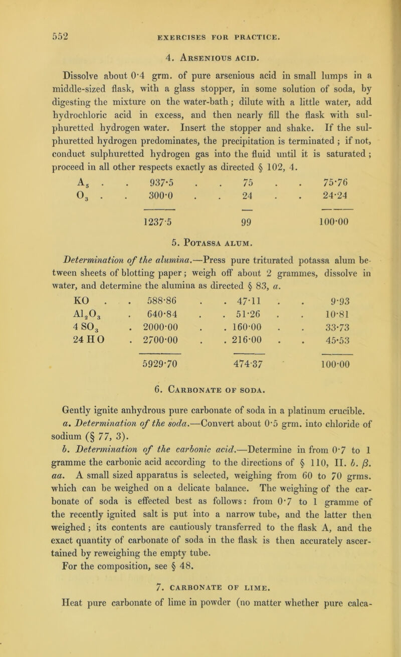 4. Arsenious acid. Dissolve about 0'4 grm. of pure arsenious acid in small lumps in a middle-sized flask, with a glass stopper, in some solution of soda, by digesting the mixture on the water-bath; dilute with a little water, add hydvochloric acid in excess, and then nearly fill the flask with sul- phuretted hydrogen water. Insert the stopper and shake. If the sul- phuretted hydrogen predominates, the precipitation is terminated ; if not, conduct sulpliuretted hydrogen gas into the fluid until it is saturated ; proceed in all other respects exactly as directed § 102, 4. A5 . 03 . 937*5 300-0 75 24 75-76 24-24 1237 5 99 100-00 5. Potassa alum. Determination of the alumina.—Press pure triturated potassa alum be tween sheets of blotting paper; weigh off about 2 gramrnes, dissolve in water, and determine the alumina as directed § 83, a. KO . A1203 4 S03 24 H O . 588-86 . 640-84 . 2000-00 . 2700-00 . 47-11 . 51-26 . 160-00 . 216-00 9-93 10-81 33-73 45-53 5929-70 474-37 100-00 6. Carbonate of soda. Gently ignite anhydrous pure carbonate of soda in a platinum crucible. a. Determination of the soda.—Couvert about 0’5 grm. into chloride of sodium (§ 77, 3). h. Determination of the carhonic acid.—Determine in from 0‘7 to 1 gramme the carbonic acid according to the directions of § 110, II. h. ß. aa. A small sized apparatus is selected, weighing from 60 to 70 grms. which can be weighed on a delicate balance. The weighing of the car- bonate of soda is eflected best as follows: from 0’7 to 1 gramme of the recently ignited salt is put into a narrow tube, and the latter then weighed; its contents are cautiously transferred to the flask A, and the exact quantity of carbonate of soda in the flask is then accurately ascer- tained by reweighing the empty tube. For the composition, see § 48. 7. CARBONATE OF LIME. Heat pure carbonate of lime in powder (no matter whether pure calca-
