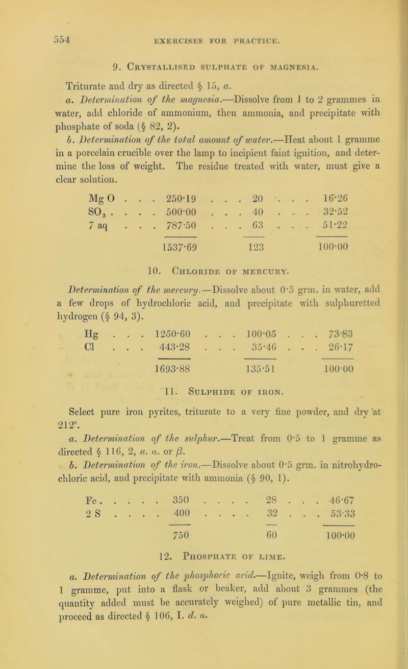 9. CrYSTALLISED SUEPHATE OF MAGNESIA. Triturate and dry as directed § 15, a. a. Determination of the magnesia.—Dissolve from J to 2 gramraes in water, add chloride of ammonium, then amraonia, and precipitate wdth phosphate of soda (§ 82, 2). b. Determination of the total amount of water.—ITeat about 1 gramme in a porcelain crucible over the lamp to incipient faint ignition, and deter- mine tlie loss of weight. The residue treated with water, must give a clear solution. Mg O S03 . 7 aq . . . 250-19 . . . . . . 500-00 . . . . . . 787-50 . . . 20 . . 40 . . 63 . . . 16-26 . 32-52 . 51-22 1537-69 123 100-00 10. Chloride of MERCURY. Determination of the mercury.—Dissolve about 05 a few drops of hydrochloric acid, and precipitate hydrogen (§ 94, 3). grm. in water, add with sulphuretted Ilg . CI . . . 1250-60 . . . . . 443-28 . . . 100-05 . 35-46 . . . 73-83 . . 26-17 1693-88 135-51 100-00 11. SlJLPHIDE OF IRON. Select pure iron pyrites, triturate to a very fine powder, and drv'at 212°. a. Determination of the sulphur.—Treat from 05 to 1 gramme as directed § 116, 2, a. a. or ß. b. Determination of the iron.—Dissolve about 0*5 grm. in nitrohydro- chloric acid, and precipitate with ammonia (§ 90, 1). Fe 350 ... . 28 . . . 46-67 2 S .... 400 .... 32 . . . 53-33 750 60 100*00 12. Phosphate of lime. a. Determination of the phosphoric acid.—Ignite, weigh from 0-8 to 1 gramme, put into a flask or beaker, add about 3 grammes (the quantity added must be accurately weighed) of pure metallic tin, and proceed as directed § 106, I. d. a.