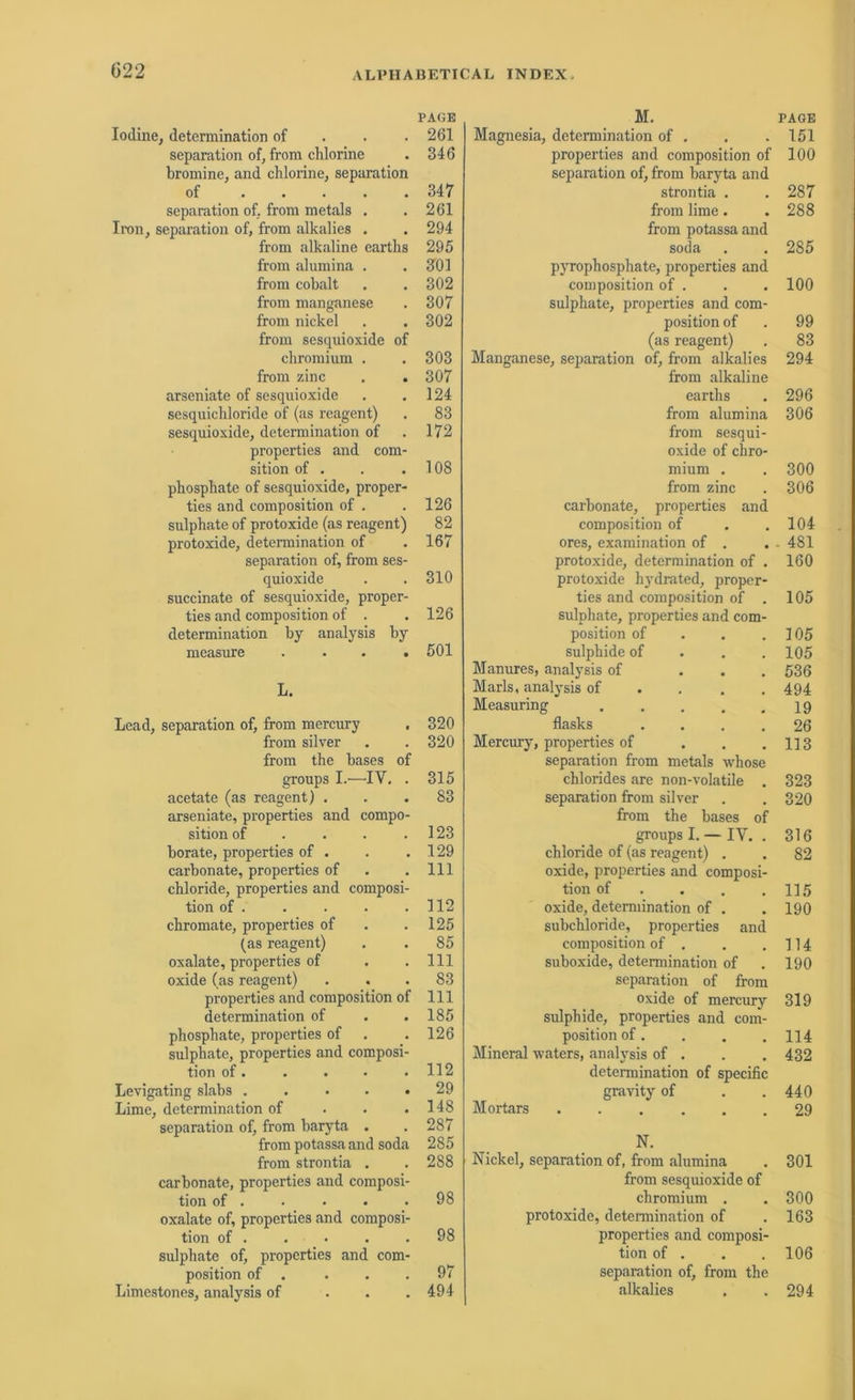 PAGE lodine, determination of 261 Separation of, from chlorine . 346 bromine, and chlorine, Separation of 347 Separation of. from metals . .261 Iran, Separation of, from alkalies . . 294 from alkaline eartks 295 from alumina . . 301 from cobalt . . 302 from manganese . 307 from nickel . . 302 from sesquioxide of chromium . . 303 from zinc . . 307 arseniate of sesquioxide . .124 sesquichloride of (as reagent) . 83 sesquioxide, determination of . 172 properties and com- sition of . . .108 phosphate of sesquioxide, proper- ties and composition of . . 126 sulphate of protoxide (as reagent) 82 protoxide, determination of . 167 Separation of, from ses- quioxide . . 310 succinate of sesquioxide, proper- ties and composition of . . 126 determination by analysis by measure . 501 L. Lead, Separation of, from mercury . 320 from silver . . 320 from the bases of groups I.—IV. . 315 acetate (as reagent) ... 83 arseniate, properties and compo- sition of . . . .123 borate, properties of . . .129 carbonate, properties of . .111 chloride, properties and composi- tion of . . . . .112 chromate, properties of . .125 (as reagent) . . 85 oxalate, properties of . .111 oxide (as reagent) ... 83 properties and composition of 111 determination of . . 185 phosphate, properties of . .126 sulphate, properties and composi- tion of. . . . .112 Levigating slabs ..... 29 Lime, determination of . . .148 Separation of, from baryta . . 287 from potassa and soda 285 from strontia . .288 carbonate, properties and composi- tion of . . • . .98 oxalate of, properties and composi- tion of . . . . .98 sulphate of, properties and com- position of . ... 97 Limestones, analysis of ... 494 M. PAGE Magnesia, determination of . . .151 properties and composition of 100 Separation of, from baryta and strontia . . 287 from lime . . 288 from potassa and soda . . 285 pyrophosphate, properties and composition of . . . 100 sulphate, properties and com- position of . 99 (as reagent) . 83 Manganese, Separation of, from alkalies 294 from alkaline earths . 296 from alumina 306 from sesqui- oxide of chro- mium . . 300 from zinc . 306 carbonate, properties and composition of . .104 ores, examination of . . . 481 protoxide, determination of . 160 protoxide hydrated, proper- ties and composition of . 105 sulphate, properties and com- position of . . .105 sulphide of . . .105 Manures, analysis of ... 536 Marls, analysis of . . . .494 Measuring 19 flasks .... 26 Mercury, properties of . . .113 Separation from metals whose Chlorides are non-volatile . 323 Separation from silver . .320 from the bases of groups I. — IV. . 316 chloride of (as reagent) . . 82 oxide, properties and composi- tion of . . .115 oxide, determination of . . 190 subchloride, properties and composition of . . .114 suboxide, determination of . 190 Separation of from oxide of mercury 319 sulphide, properties and com- position of. . . .114 Mineral waters, analysis of . . . 432 determination of specific gravity of . .440 Mortars 29 N. Nickel, Separation of, from alumina . 301 from sesquioxide of chromium . .300 protoxide, determination of . 163 properties and composi- tion of . . . 106 Separation of, from the alkalies . .294