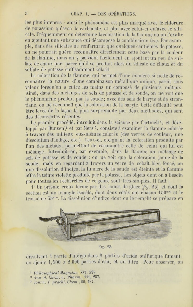 les plus intenses : ainsi le phénomène est plus marqué avec le chlorure de potassium qu’avec le carbonate, et plus avec celui-ci qu’avec le sili- cate. Fréquemment on détermine lacoloration de la flamme ou on l’exalte en ajoutant une substance qui décompose la combinaison fixe. Par exem- ple, dans des silicates ne renfermant que quelques centièmes de potasse, on ne pourrait guère reconnaître directement cette base par la couleur de la flamme, mais on y parvient facilement en ajoutant un peu de sul- fate de chaux pur, parce qu’il se produit alors du silicate de chaux et du sulfate de potasse suffisamment volatil. La coloration de la flamme, qui permet d’une manière si nette de re- connaître la nature d’une combinaison métallique unique, paraît sans valeur lorsqu’on a entre les mains un composé de plusieurs métaux. Ainsi, dans des mélanges de sels de potasse et de soude, on ne voit que le phénomène produit par la soude; avec des sels de baryte et de stron- tiane, on ne reconnaît que la coloration de la baryte. Cette difficulté peut être levée de la façon la plus surprenante par deux méthodes, qui sont des découvertes récentes. Le premier procédé, introduit dans la science par Cartrnell *, et déve- loppé par Bunsenj1 2 3 et parMerz5, consiste à examiner la flamme colorée à travers des milieux eux-mêmes colorés (des verres de couleur, une dissolution d’indigo, etc.). Ceux-ci, éteignant la coloration produite par l’un des métaux, permettent de reconnaître celle de celui qui lui est mélangé. 'Introduit-on, par exemple, dans la flamme un mélange de sels de potasse et de soude : on ne voit que la coloration jaune de la soude, mais en regardant à travers un verre de cobalt bleu foncé, ou une dissolution d’indigo, la lumière de la soude est éteinte et la flamme offre la teinte violette produite par la potasse. Les objets dont on a besoin pour toutes les recherches de ce genre sont très-simples. 11 faut : 1° Un prisme creux formé par des lames de glace (fig. 23) et dont la section est un triangle isocèle, dont deux côtés ont chacun I50mm et le troisième 55'””. La dissolution d’indigo dont on le remplit se prépare en Fig. 2S. dissolvant 1 partie d’indigo dans 8 parties d’acide sulfurique fumant. on ajoute 1,500 à 2,000 parties d’eau, et on filtre. Pour observer, on 1 Philosophical Magazine, XVI, 5-S. - Ann.d. Chem. u. Pharm., 111, 257. 3 Journ. /’. prackt. Chem., SO, 487