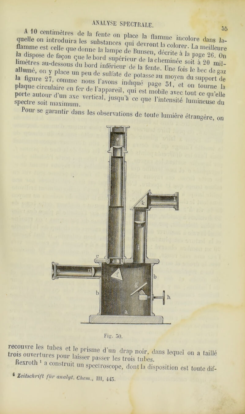 qu^rStlrat'suttncTs^^V3 flTme *» I»- flamme est celle que donne h l imite !m,. evront ll? colorei'- La meilleure la dispose de façon eue leboni sunert,,! f?1’ ^ à ,a » 26. On limètres au-dessous du bord inférieur'de if fente “J1 î 2° mil' allumé, on y place un peu de sulfate de nni * U °1S 6 bec de§;,z la %ure 27, comme nous l'avons ind^ufpa™ TTt d^pport ^ W 7Mf a,CC l°Ut “ réelle spectre soit maximum. ’ 1 qUe mtens,te lurni«euse du P°Ur Se ganmtir dans ,es observations de toute lumière étrangère, on ^roi^oulais^e^asseHe ^tro' T'T ,eqUCl °U 3 p . fi i 1 li<1sstr passeï les trois tubes, exro î a construit un spectroscope, dont la disposition est toute dif- 4 Zeitschrift für analyt. Chem., III, 445.