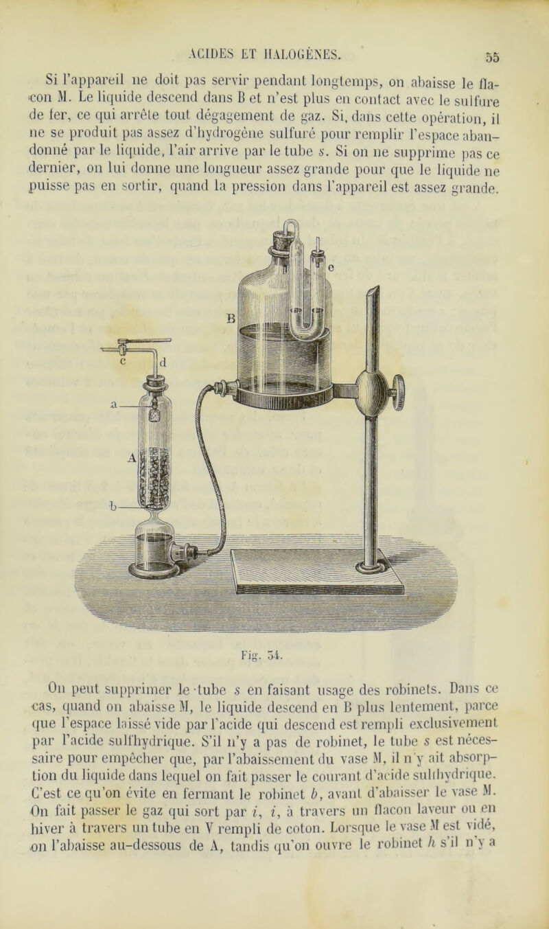Si l’appareil ne doit pas servir pendant longtemps, on abaisse le fla- con M. Le liquide descend dans B et n’est plus en contact avec le sulfure de fer, ce qui arrête tout dégagement de gaz. Si, dans cette opération, il ne se produit pas assez d’hydrogène sulfuré pour remplir l’espace aban- donné par le liquide, l’air arrive par le tube s. Si on ne supprime pas ce dernier, on lui donne une longueur assez grande pour que le liquide ne puisse pas en sortir, quand la pression dans l’appareil est assez grande. Fig. Zi. On peut supprimer le tube s en faisant usage des robinets. Dans ce cas, quand on abaisse M, le liquide descend en B plus lentement, parce que l’espace laissé vide par l’acide qui descend est rempli exclusivement par l’acide suIIhydrique. S’il n’y a pas de robinet, le tube s est néces- saire pour empêcher que, par l’abaissement du vase M, il n'y ait absorp- tion du liquide dans lequel on fait passer le courant d’acide suhhydrique. C’est ce qu’on évite en fermant le robinet b, avant d’abaisser le vase M. On fait passer le gaz qui sort par i, i, à travers un flacon laveur ou en hiver à travers un tube en V rempli de coton. Lorsque le vase M est vidé, on l’abaisse au-dessous de A, tandis qu’on ouvre le robinet h s’il n y a