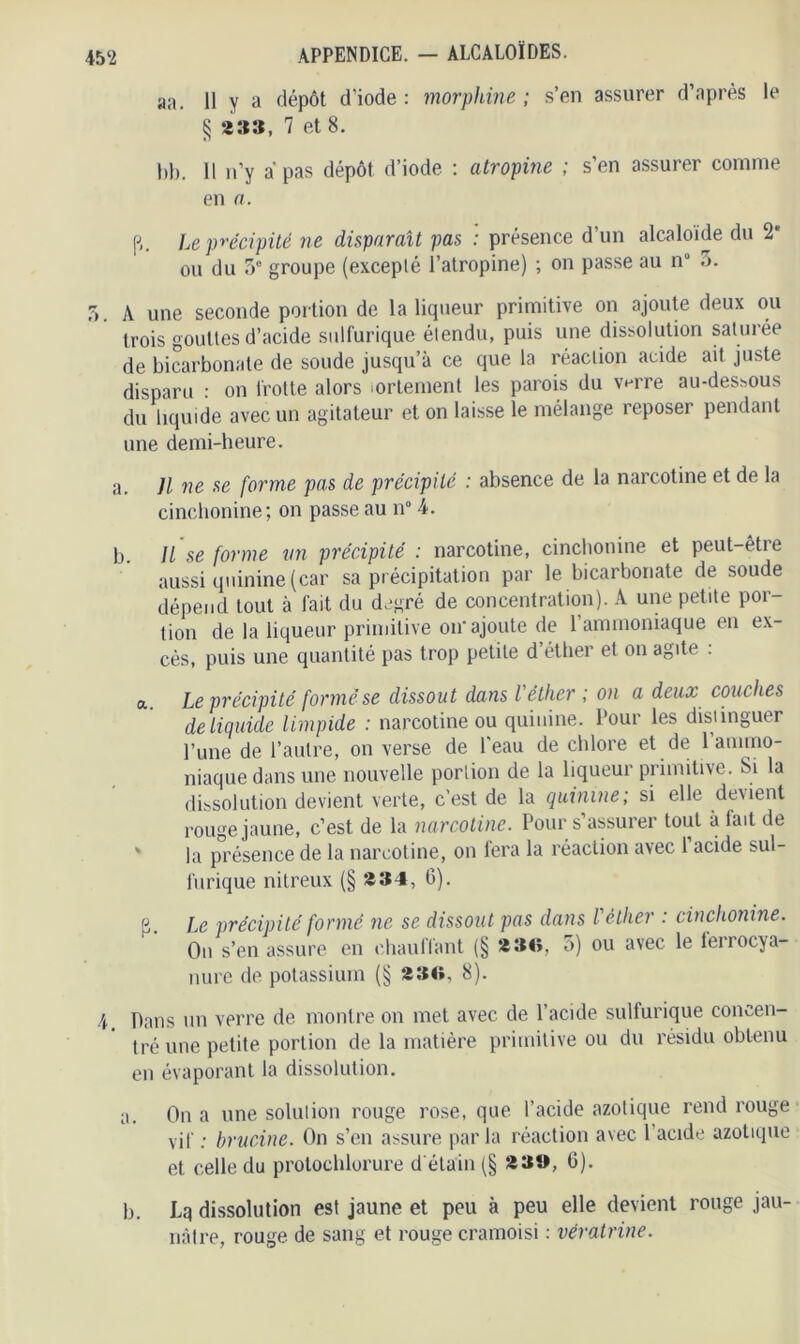 aa. 11 y a dépôt d’iode : morphine ; s’en assurer d’après le § 23», 7 et 8. hl). 11 n’y a pas dépôt d’iode : atropine ; s’en assurer comme en a. f». Le précipité ne disparaît pas : présence d’un alcaloïde du 2* ou du 5e groupe (excepté l’atropine) ; on passe au n° •>. T>. A une seconde portion de la liqueur primitive on ajoute deux ou trois gouttes d’acide sulfurique étendu, puis une dissolution saturée de bicarbonate de soude jusqu’à ce que la réaction acide ait juste disparu : on frotte alors .orlement les parois du v^rre au-dessous du liquide avec un agitateur et on laisse le mélange reposer pendant une demi-beure. a. Il ne se forme pas de précipité : absence de la narcotine et de la cinchonine ; on passe au n° 4. b. Il se forme un précipité : narcotine, cinchonine et peut-êtie aussi quinine (car sa précipitation par le bicarbonate de soude dépend tout à fait du degré de concentration). A une petite por- tion de la liqueur primitive on‘ajoute de l’ammoniaque en ex- cès, puis une quantité pas trop petite d’éther et on agite : a. Le précipité formé se dissout dans l'éther ; on a deux couches de liquide limpide : narcotine ou quinine. Pour les distinguer l’une de l’autre, on verse de l'eau de chlore et de l’ammo- niaque dans une nouvelle portion de la liqueur primitive. Si la dissolution devient verte, c’est de la quinine; si elle devient rouge jaune, c’est de la narcotine. Pour s’assurer tout à fait de la présence de la narcotine, on fera la réaction avec 1 acide sul- furique nitreux (§ 234, 6). P Le précipité formé ne se dissout pas dans l'éther : cinchonine. On s’en assure en chauffant (§ *36, 5) ou avec le ferrocya- nure de potassium (§ 236, 8). 4 Dans un verre de montre on met avec de l'acide sulfurique concen- tré une petite portion de la matière primitive ou du résidu obtenu en évaporant la dissolution. a. On a une solution rouge rose, que l’acide azotique rend rouge vif : brucine. On s’en assure parla réaction avec l’acide azotique et celle du protoehlorure d étain (§ 23», 6). b. Lq dissolution est jaune et peu à peu elle devient rouge jau- nâtre, rouge de sang et rouge cramoisi : vératrine.
