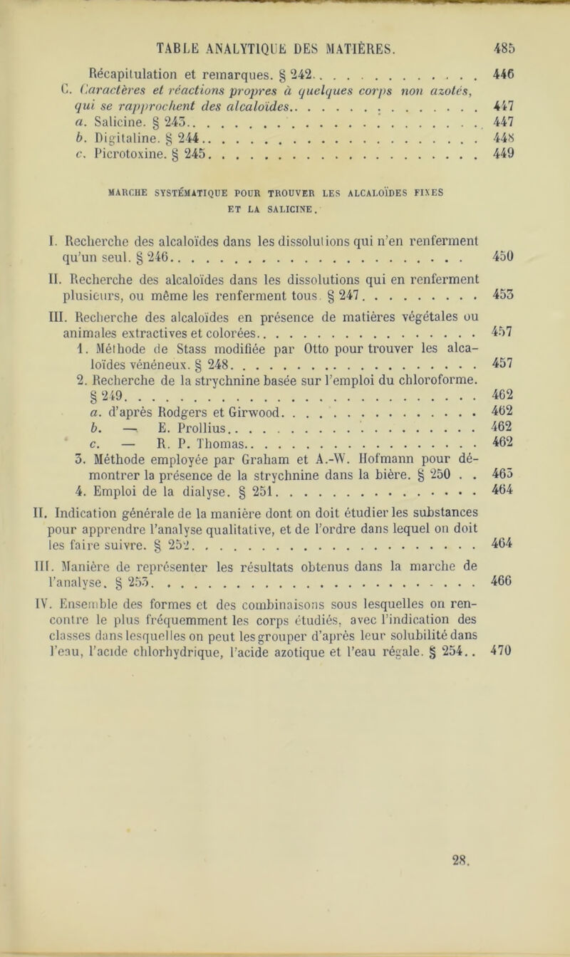 Récapitulation et remarques. § 242 446 C. Caractères et réactions propres à quelques corps non azotés, qui se rapprochent des alcaloïdes 447 a. Salicine. § 245 447 b. Digitaline. § 244 448 c. Picrotoxine. § 245 449 MARCHE SYSTÉMATIQUE POUR TROUVER LES ALCALOÏDES FIXES ET LA SALICINE. I. Recherche des alcaloïdes dans les dissolutions qui n’en renferment qu’un seul. § 246 450 II. Recherche des alcaloïdes dans les dissolutions qui en renferment plusieurs, ou même les renferment tous § 247 455 III. Recherche des alcaloïdes en présence de matières végétales ou animales extractives et colorées 457 1. Méthode de Stass modifiée par Otto pour trouver les alca- loïdes vénéneux. § 248 457 2. Recherche de la strychnine basée sur l’emploi du chloroforme. g 249 462 a. d’après Rodgers et Girwood 462 b. — E. Prollius 462 c. — R. P. Thomas 462 3. Méthode employée par Graham et A.-YY. Hofmann pour dé- montrer la présence de la strychnine dans la bière, g 250 . . 465 4. Emploi de la dialyse. § 251 464 II. Indication générale de la manière dont on doit étudier les substances pour apprendre l’analyse qualitative, et de l’ordre dans lequel on doit les faire suivre. § 252 464 III. Manière de représenter les résultats obtenus dans la marche de l’analyse, g 253 466 IV. Ensemble des formes et des combinaisons sous lesquelles on ren- contre le plus fréquemment les corps étudiés, avec l’indication des classes dans lesquelles on peut les grouper d’après leur solubilité dans l’eau, l’acide chlorhydrique, l’acide azotique et l’eau régale, g 254.. 470 28.