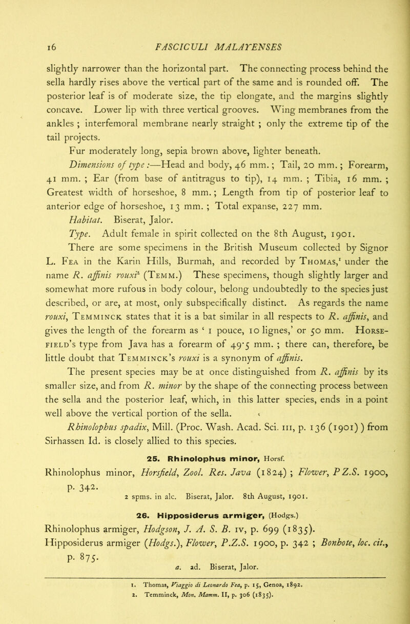 slightly narrower than the horizontal part. The connecting process behind the sella hardly rises above the vertical part of the same and is rounded off. The posterior leaf is of moderate size, the tip elongate, and the margins slightly concave. Lower lip with three vertical grooves. Wing membranes from the ankles ; interfemoral membrane nearly straight ; only the extreme tip of the tail projects. Fur moderately long, sepia brown above, lighter beneath. Dimensions of type:—Head and body, 46 mm.; Tail, 20 mm.; Forearm, 41 mm. ; Ear (from base of antitragus to tip), 14 mm. ; Tibia, 16 mm. ; Greatest width of horseshoe, 8 mm.; Length from tip of posterior leaf to anterior edge of horseshoe, 13 mm. ; Total expanse, 227 mm. Habitat. Biserat, Jalor. Type. Adult female in spirit collected on the 8 th August, 1901. There are some specimens in the British Museum collected by Signor L. Fea in the Karin Hills, Burmah, and recorded by Thomas,1 under the name R. a finis rouxi1 (Temm.) These specimens, though slightly larger and somewhat more rufous in body colour, belong undoubtedly to the species just described, or are, at most, only subspecifically distinct. As regards the name rouxi, Temminck states that it is a bat similar in all respects to R. affinis, and gives the length of the forearm as 4 1 pouce, 10 lignes,’ or 50 mm. Horse- field’s type from Java has a forearm of 49*5 mm. ; there can, therefore, be little doubt that Temminck’s rouxi is a synonym of affinis. The present species may be at once distinguished from R. affinis by its smaller size, and from R. minor by the shape of the connecting process between the sella and the posterior leaf, which, in this latter species, ends in a point well above the vertical portion of the sella. < Rhinolophus spadix, Mill. (Proc. Wash. Acad. Sci. 111, p. 136 (1901)) from Sirhassen Id. is closely allied to this species. 25. Rhinolophus minor, Horsf. Rhinolophus minor, Horsfield, Zool. Res. Java (1824) ; Flower, PZ.S. 1900, P* 342. 2 spms. in ale. Biserat, Jalor. 8th August, 1901. 26. Hipposiderus armiger, (Hodg-s.) Rhinolophus armiger, Hodgson, J. A. S. B. iv, p. 699 (1835). Hipposiderus armiger (Hodgs.), Flower, P.Z.S. 1900, p. 342 ; Bonhote, loc. cit., p. 875. a. ad. Biserat, Jalor. 1. Thomas, Viaggio di Leonardo Fea, p. 15, Genoa, 1892. 2. Temminck, Mon. Mamm. II, p. 306 (1835).
