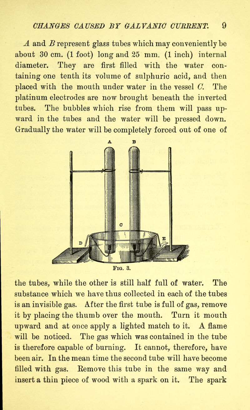A and B represent glass tubes which may conveniently be about 30 cm. (1 foot) long and 25 mm. (1 inch) internal diameter. They are first filled with the water con- taining one tenth its volume of sulphuric acid, and then placed with the mouth under water in the vessel G, The platinum electrodes are now brought beneath the inverted tubes. The bubbles which rise from them will pass up- ward in the tubes and the water will be pressed down. Gradually the water will be completely forced out of one of A B Fig. 3. the tubes, while the other is still half full of water. The substance which we have thus collected in each of the tubes is an invisible gas. After the first tube is full of gas, remove it by placing the thumb over the mouth. Turn it mouth upward and at once apply a lighted match to it. A fiame will be noticed. The gas which was contained in the tube is therefore capable of burning. It cannot, therefore, have been air. In the mean time the second tube will have become filled with gas. Eemove this tube in the same way and insert a thin piece of wood with a spark on it. The spark