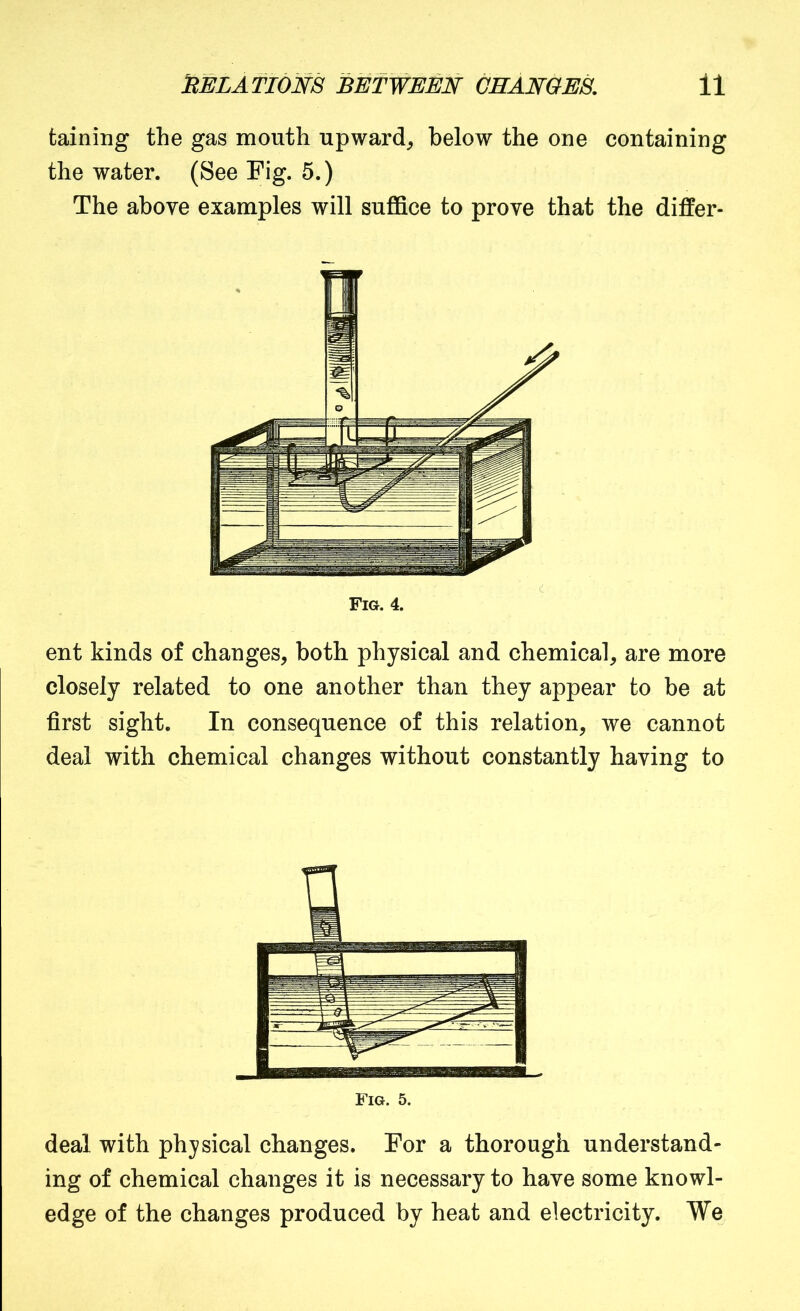 taining the gas mouth upward^ below the one containing the water. (See Pig. 5.) The above examples will suffice to prove that the differ- ed Fig. 4. ent kinds of changes, both physical and chemical, are more closely related to one another than they appear to be at first sight. In consequence of this relation, we cannot deal with chemical changes without constantly having to Fig. 5. deal with physical changes. Por a thorough understand- ing of chemical changes it is necessary to have some knowl- edge of the changes produced by heat and electricity. We