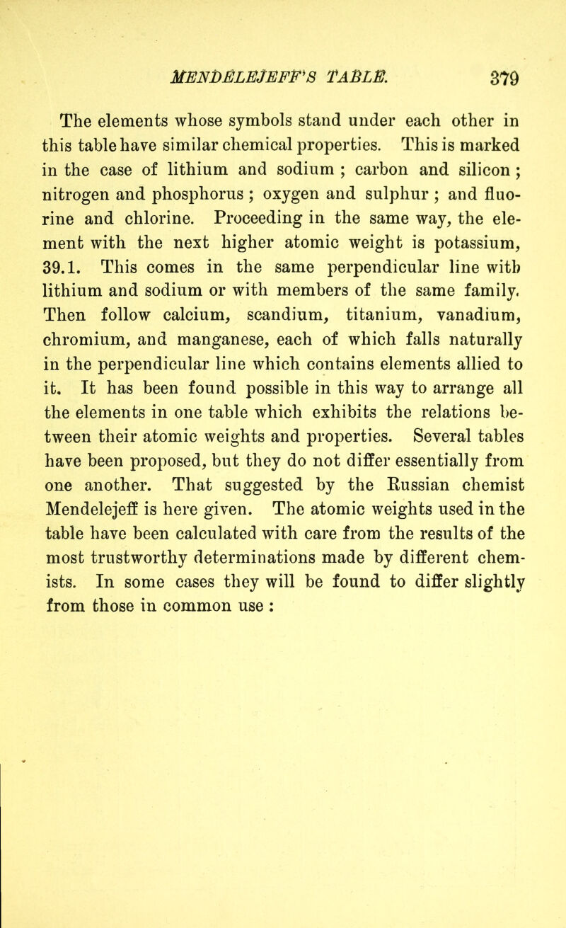 The elements whose symbols stand under each other in this table have similar chemical properties. This is marked in the case of lithium and sodium ; carbon and silicon ; nitrogen and phosphorus ; oxygen and sulphur ; and fluo- rine and chlorine. Proceeding in the same way, the ele- ment with the next higher atomic weight is potassium, 39.1. This comes in the same perpendicular line with lithium and sodium or with members of the same family. Then follow calcium, scandium, titanium, vanadium, chromium, and manganese, each of which falls naturally in the perpendicular line which contains elements allied to it. It has been found possible in this way to arrange all the elements in one table which exhibits the relations be- tween their atomic weights and properties. Several tables have been proposed, but they do not differ essentially from one another. That suggested by the Kussian chemist Mendelejeff is here given. The atomic weights used in the table have been calculated with care from the results of the most trustworthy determinations made by different chem- ists. In some cases they will be found to differ slightly from those in common use :