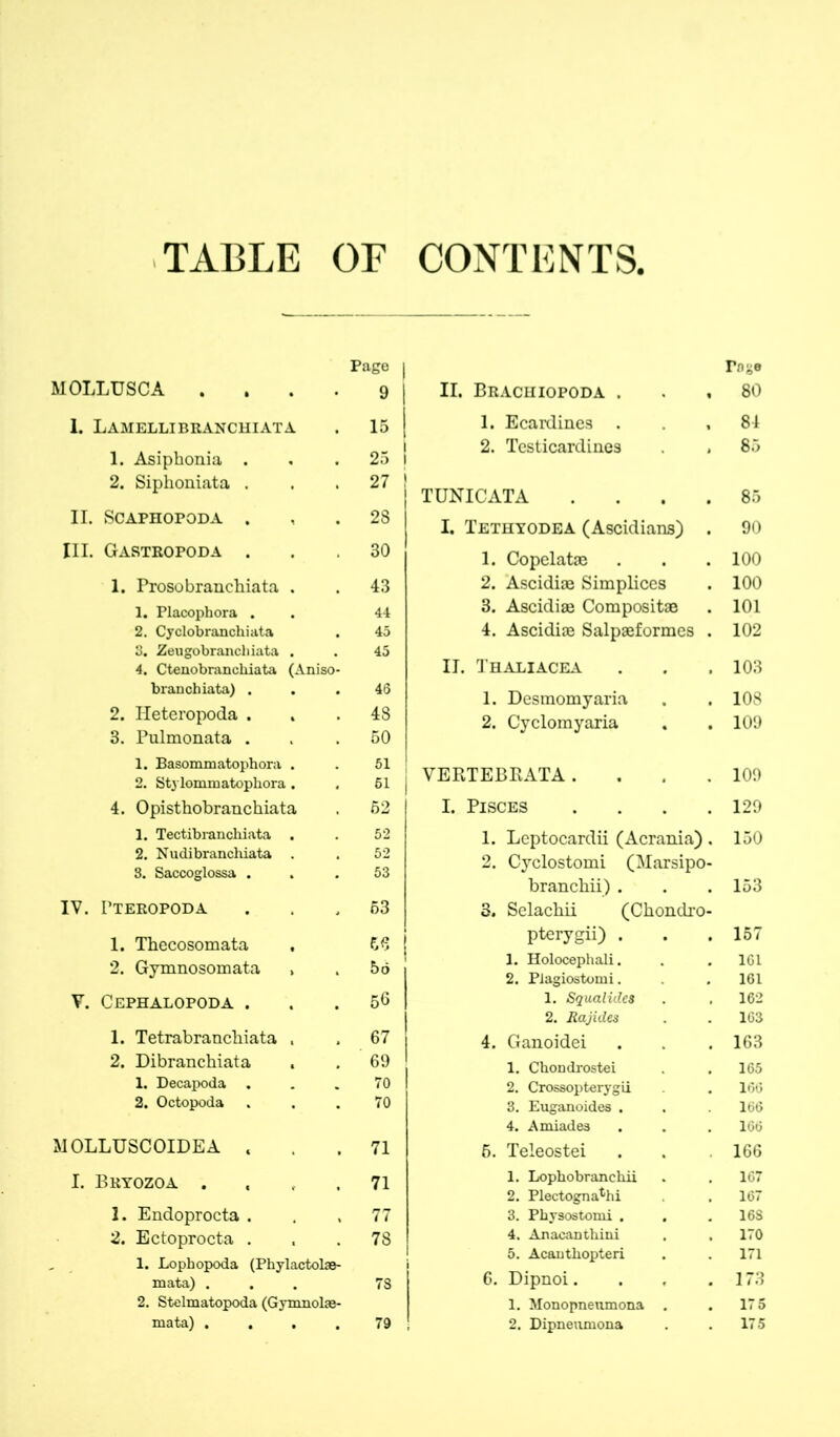 TABLE OF CONTENTS, MOLLUSCA . Page 9 1. Lamellibranchiata 15 1. Asiphonia . 25 2. Siphoniata . 27 II. SCAPHOPODA . 28 III. Gastropoda . 30 1. Prosobranchiata . 43 1. Placophora . 44 2. Cyclobranchiata 45 3. Zeugobranchiata . 45 4. Ctenobranchiata (Aniso- branchiata) . 46 2. Heteropoda . 48 3. Pulmonata . 50 1. Basommatophora . 51 2. Stjlommatophora . 61 4. Opisthobranchiata 62 1. Tectibranchiata . 52 2. Nudibranchiata . 52 3. Saccoglossa . 53 IV. Pteropoda 53 1. Tbecosomata 66 2. Gymnosomata 5ö V. Cephalopoda . 56 1. Tetrabranchiata . 67 2. Dibranchiata 69 1. Decapoda . 70 2. Octopoda 70 MOLLUSCOIDEA . 71 I. Bryozoa . 71 1. Endoprocta . 77 2. Ectoprocta . 78 , 1. Lophopoda (Phylactolae- mata) . 78 2. Stelmatopoda (Gymnolse- mata) .... 79 Tage II. Brachiopoda 80 1. Ecardines . , 84 2. Testicardines , 85 TUNICATA .... 85 I. Tethyodea (Ascidians) . 90 1. Copelatae . . .100 2. Ascidiae Simplices . 100 3. Ascidiae Compositae . 101 4. Ascidiae Salpaeformes . 102 II. Thaliacea . . . 103 1. Desmomyaria . . 108 2. Cyclomyaria . .109 VERTEBRATA . . . .109 I. Pisces . . . .129 1. Leptocardii (Acrania) , 150 2. Cyclostomi (Marsipo- branchii) . . .153 3. Selachii (Chondro- pterygii) . . .157 1. Holocephali. . . 1CI 2. Plagiostomi. . 161 1. Squalides . , 162 2. Rajides . . 163 4. Ganoidei . . . 163 1. Chondrostei . .165 2. Crossopterygii . 166 3. Euganoides . . 166 4. Amiadea . . . 166 6. Teleostei . . .166 1. Lophobranchii . . 167 2. Plectognathi . 167 3. Physostomi . . . 16S 4. Anacanthini , . 170 5. Acauthopteri . . 171 6. Dipnoi. . , .173 1. Monopneumona . .175 2. Dipneiimona . . 175