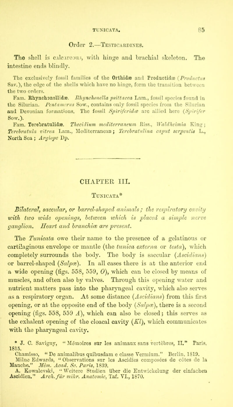 Order 2.—Testicaiidines. The shell is calcareous, with hinge and brachial skeleton. The intestine ends blindly. The exclusively fossil families of the Orthidae and Productid® (Product us Sav.), the edge of the shells which have no hinge, form the transition between the two orders. Fam. Rhynchon9llidae. Ithynchcncllapsittacca Lam., fossil species found in the Silurian. Pent a merit s Sow., contains only fossil species from the Silurian and Devonian formations. The fossil Spirifcrida arc allied here (Spirifcr Sow.). Fam. Terebratulidae. Thecidium mediterranenm Riss., Waldheimia King; Terclratula vitrea Lam., Mediterranean; Tercbratulina caput serpent is L., North Sea ; Argiopc Dp. CHAPTER III. Tunicata* Bilateral, saccular, or barrel-shaped animals; the respiratory cavity with two wide openings, between which is placed a simple nerve ganglion. Heart and branchiae are present. The Tunicata owe their name to the presence of a gelatinous or cartilaginous envelope or mantle (the tunica externa or testa), which completely surrounds the body. The body is saccular (Ascidians) or barrel-shaped (Salpce). In all cases there is at the anterior end a wide opening (figs. 558, 559, 0), which can be closed by means of muscles, and often also by valves. Through this opening water and nutrient matters pass into the pharyngeal cavity, which also serves as a respiratory organ. At some distance (Ascidians) from this first opening, or at the opposite end of the body (Salpce), there is a second opening (figs. 558, 559 A), which can also be closed; this serves as the exhalent opening of the cloacal cavity {HI), which communicates with the pharyngeal cavity. * J. C. Savigny, “ Mtimoires sur les animaux sans verRbres, II.” Paris. 1815. Chamisso, “ De animalibus quibusdam e classe Vermium.” Berlin. 1S19. Milne Edwards, “ Observations sur les Ascidies composes de cotes de la Manche.” Mem. Acad. Sc. Paris, 1839. A. Kowalevski, “ Weitere Studien über die Entwickelung der einfachen Ascidien.” Arch, für mikr. Anatomie, Taf. VI., 1870.
