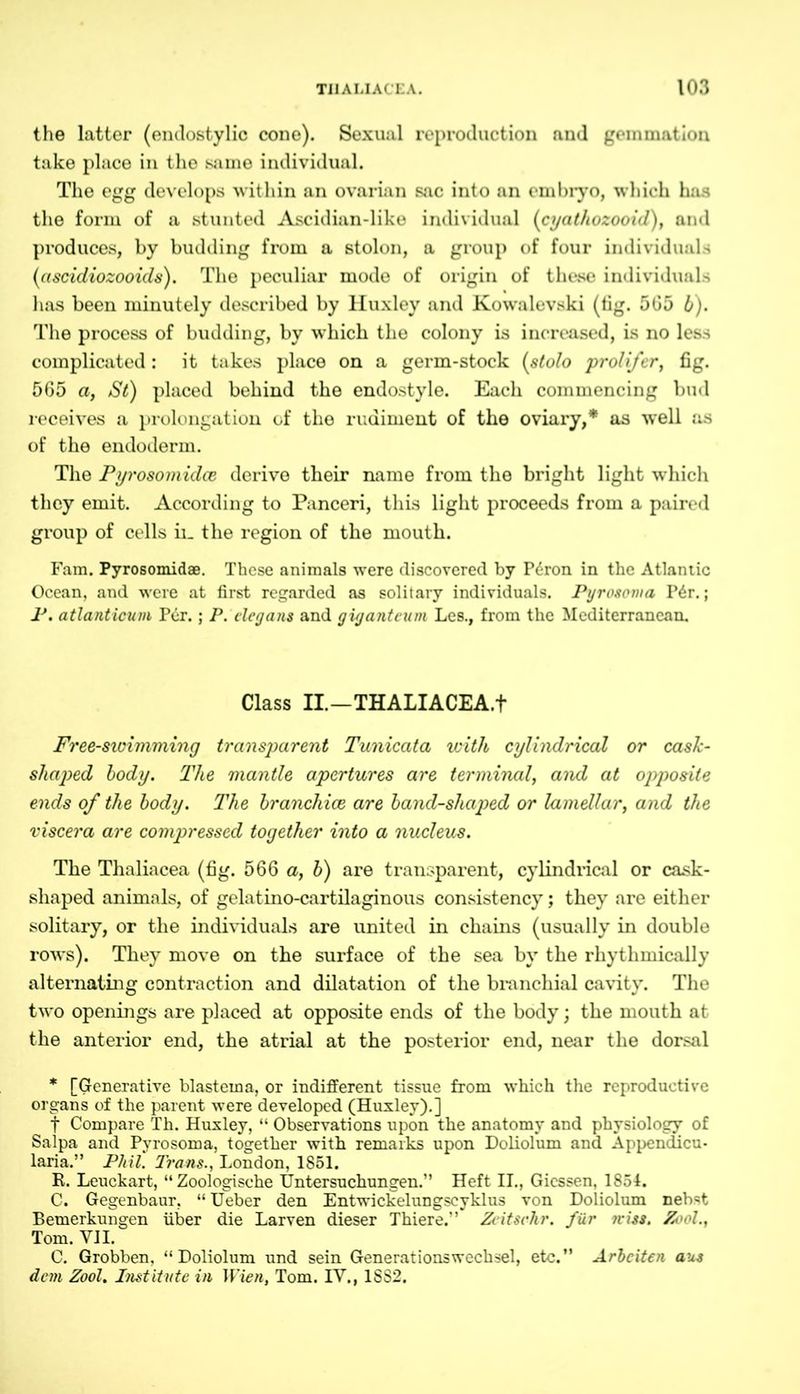 the latter (endostylio cone). Sexual reproduction and gemmation take place in the same individual. The egg develops within an ovarian sac into an embryo, which has the form of a stunted Ascidian-like individual (cyathozooid), and produces, by budding from a stolon, a group of four individuals (ascidiozooicls). The peculiar mode of origin of these individuals has been minutely described by Huxley and Kowalevski (tig. 5G5 b). The process of budding, by which the colony is increased, is no less complicated: it takes place on a germ-stock (stolo prolifer, fig. 565 a, St) placed behind the endostyle. Each commencing bud receives a prolongation of the rudiment of the oviary,* as well as of the endoderm. The Pyrosomidce derive their name from the bright light which they emit. According to Panceri, this light proceeds from a paired group of cells ii_ the region of the mouth. Fam. Pyrosomidae. These animals were discovered by P4ron in the Atlantic Ocean, and were at first regarded as solitary individuals. Pgrosoma P6r.; P. atlanticum Per.; P. deg ans and giganteum Les., from the Mediterranean. Class II.—THALIACEA.f Free-siuimming transparent Tunicata with cylindrical or cash- shaped body. The mantle apertures are terminal, and at opposite ends of the body. The branchice are band-shaped or lamellar, and the viscera are compressed together into a nucleus. The Thaliacea (fig. 566 a, b) are transparent, cylindrical or cask- shaped animals, of gelatino-cartilaginous consistency; they are either solitary, or the individuals are united in chains (usually in double rows). They move on the surface of the sea by the rhythmically alternating contraction and dilatation of the branchial cavity. The two openings are placed at opposite ends of the body; the mouth at the anterior end, the atrial at the posterior end, near the dorsal * [Generative blastema, or indifferent tissue from which the reproductive organs of the parent were developed (Huxley).] f Compare Th. Huxley, “ Observations upon the anatomy and physiology of Salpa and Pvrosoma, together with remarks upon Doliolum and Appendicu- laria.” Phil. Irans., London, 1851. R. Leuckart, “Zoologische Untersuchungen.” Heft II., Giessen, 1854. C. Gegenbaur, “ Ueber den Entwickelungscyklus von Doliolum neb«t Bemerkungen über die Larven dieser Thiere.” Zeitsehr. für it iss. Zool., Tom. YJI. C. Grobben, “Doliolum und sein Generationswechsel, etc.” Arbeiten aus dem Zool. Institute in Wien, Tom. IV., 1SS2.