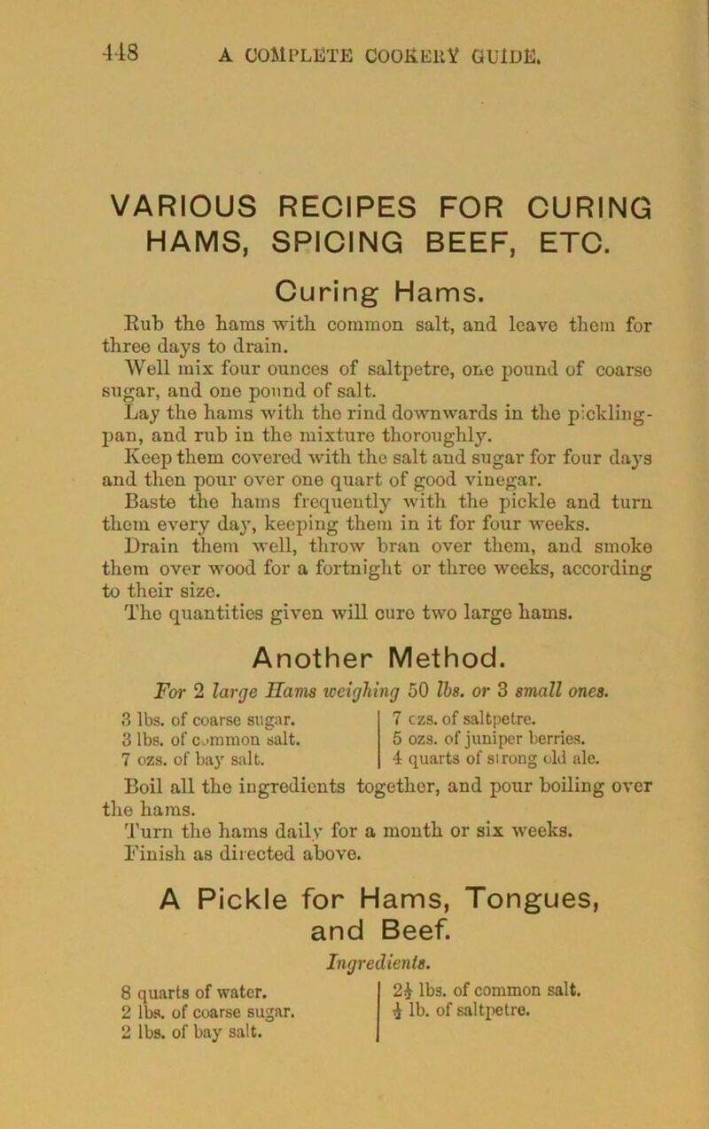 VARIOUS RECIPES FOR CURING HAMS, SPICING BEEF, ETC. Curing Hams. Rub the hams with common salt, and leave them for three days to drain. Well mix four ounces of saltpetre, one pound of coarso sugar, and one pound of salt. Lay the hams with the rind downwards in the plckling- pan, and rub in the mixture thoroughly. Keep them covered with the salt and sugar for four days and then pour over one quart of good vinegar. Baste the hams frequently with the pickle and turn them every day, keeping them in it for four weeks. Drain them well, throw bran over them, and smoke them over wood for a fortnight or three weeks, according to their size. The quantities given will cure two large hams. Another Method. For 2 large Ilavis weighing 50 lbs. or 3 small ones. 3 lbs. of coarse sugar. 3 lbs. of common salt. 7 ozs. of bay salt. 7 czs. of saltpetre. 5 ozs. of juniper berries. 4 quarts of sirong old ale. Boil all the ingredients together, and pour boiling over the hams. Turn the hams daily for a month or six weeks. Finish as directed above. A Pickle for Hams, Tongues, and Beef. Ingredients. 2^ lbs. of common salt, i lb. of saltpetre. 8 quarts of water. 2 lbs. of coarse sugar. 2 lbs. of bay salt.