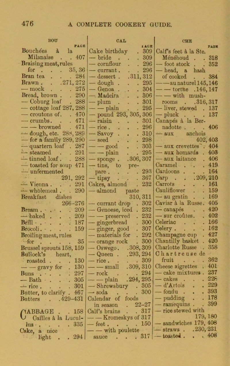 BOU CAL PAGE Bouchdes & la Milanaise . . 407 Braising meat, rules for . . . 35,36 Bran tea . . . 284 Brawn, . .271, 272 — mock . . . 275 Bread, brown . . 290 — Coburg loaf . 288 — cottage loaf 287, 288 — croutons of. . 470 — crumbs. . .471 browned . 471 dough, etc. 288, 289 — for a family 289, 290 — quartern loaf . 287 £-*• steamed . . 291 — tinned loaf . . 288 — toasted for soup 471 — unfermented 291, 292 — Vienna. . . 291 — whblemeal . . 290 Breakfast dishes 266-276 Bream . - . • . . 209 — baked . . .209 Brill - . - . . .187 Brocoli. • . . 159 Broiling meat, rules for .... 35 Brussel sprouts 158,159 Bullock’s heart, roasted . . .130 gravy for . 130 Buns . • . . . 297 — Bath . . .305 — rice .... 301 Butter, to clarify . 467 Butters . .429-431 nABBAGE . . 158 V Cailles it la Lucul- lus .... 335 Cake, a nice light . . 294 l AGE Cake birthday . 309 — bride . . . 309 — cornflour . . 296 — currant. . . 296 — dessert. .311,312 — dough . . . 295 — Genoa ... . 304 — Madeira . . 306 — plum . . . 301 plain . . 295 — pound 293, 305, 306 — raisin . . . 301 — rice .... 296 — Savoy . . . 310 — seed . . . 298 good . . 303 plain . . 295 — sponge . .306, 307 — tins, to pre- pare .... 293 — tipsy . . . 367 Cakes, almond . 232 — almond paste 310,311 — currant drop . 302 — Genoese, iced preserved - gingerbread - ginger, good —• materials for - orange rock - Oswego. — Queen . — rice . 232 232 300 307 292 300 .308,309 .293,294 . . 309 .309, 310 294 . 294, 295 305 300 small — rock plain — Shrewsbury — soda Calendar of foods in season . 22-27 Calf’s brains . . 317 Kromeskys of 317 • feet .... 150 with poulette sauce . . . 317 CHE PAGE Calf’s feet it la Ste. Mendhoud . . 318 — foot stock . . 352 — head, a hash of cooked . . 384 au naturel 145,146 tortue .146,147 with mush- rooms . .316,317 — liver, stewed . 137 — pluck . . . 137 Canape's a la Ber- nadotte . . . 406 — aux anchois 402,403 — aux crevettes'. 404 — aux homards . 403 — aux laitance . 406 Caramel . . .419 Cardoons . . . 164 Carp . . .209,210 Carrots . . . 161 Cauliflower . . 159 — au gratin . . 169 Caviar it la Russe. 405 — canapes . . 420 — sur croft tes. . 402 Celeriac . . . 166 Celery .... 162 Champagne cup . 427 Chantilly basket . 420 Charlotte Russe . 358 Chartreuse de fruit . . . 362 Cheese aigrettes . 401 — cake mixtures . 237 — cakes . . . 228 — d’Artois . . 229 — fondu . . . 393 — pudding . . 178 — ramequins . . 399 — rice stewed with 179,180 — sandwiches 179, 408 — straws . . 230, 231 — toasted . . . 408