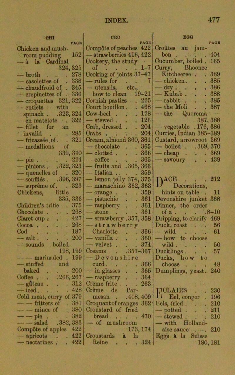 OH I FACE Chicken and mush- room pudding 152 — la Cardinal 324,325 — broth . . . 278 — casolettes of . 338 —- chaudfroid of . 345 — crepinettes of . 336 — croquettes 321, 322 — cutlets with spinach . . 323,324 — en matelote . 322 — fillet for an invalid . . 285 — fricassee of. . 321 — medallions of 339, 340 — pie . . . 224 — pinions . .322,323 — quenelles of . 320 — souffles . .396,397 — supreme of. . 323 Chickens, little 335, 336 Children’s trifle . 375 Chocolate . . . 268 Claret cup . . . 427 Cocoa . . . 268 Cod . . 187 — salt. . . 200 — sounds boiled 198,199 marinaded . 199 — stuffed and baked . . . 200 Coffee . .266, 267 — gSteau . . . 312 — iced. . . 428 Cold meat, curry of 379 fritters of . 381 mince of . 380 pie . . . 382 salad .382,383 Compete of apples 422 — apricots . . 422 — nectarines . . 422 CRO FACE Compdte of peaches 422 — strawberries 416,422 Cookery, the study of .... 1-7 Cooking of joints 37-47 — rules for . . 7 — utensils, etc., how to clean li )—21 Cornish pasties 225 Court bouillon. 468 Cow-heel . 128 — stewed . 126 Crab, dressed . 204 Crabs .... 204 Cream, almond 360,361 — chocolate . 365 — clotted . 366 — coffee . 365 — fruits and . 365,366 — Italian ... 359 — lemon jelly 374, 375 — maraschino 362, 363 — orange . 369 — pistachio 361 — raspberry . 361 — stone . 361 — strawberry . 357, 358 — strawberry Charlotte . . 366 — vanilla . . . 360 — velvet . . . 374 Creams . . 357-367 — Devonshire curd. . . . 366 — in glasses . . 365 — raspberry . . 364 Creme frite . . 263 Crfeme de Par- mesan . .408,409 Croquant of oranges 362 Croustard of fried broad . . . 470 — of mushroom 173,174 Croustards a la Reine . . . 324 EOQ PAGE Croutes au jam- bon .... 404 Cucumber, boiled . 165 Curry, Bhoonec Kitcheeree . . 389 — chicken. . 385 — dry . . . . 386 — Kubab . . 388 — rabbit . . 385 — the Moli . . 387 — the Quorema 387, 388 — vegetable . 176, 386 Curries, Indian 385-389 Custard, arrowroot 369 — boiled. .369,370 — cheap . . . 369 — savoury . . 439 Dace . . .212 Decorations, hints on table . 11 Devonshire junket 368 Dinner, the order of a . . . .8-10 Dripping, to clarify 469 Duck, roast . . 56 — wild ... 61 — how to choose wild .... 50 Ducklings ... 57 Ducks, how to choose ... 48 Dumplings, yoast. 240 TdCLAIRS . . 230 14 Eel, conger . 196 Eels, fried . . .210 — potted . . . 211 — stewed . . . 210 — with Holland- aise sauce ..... 210 Eggs h la Suisse 180,181