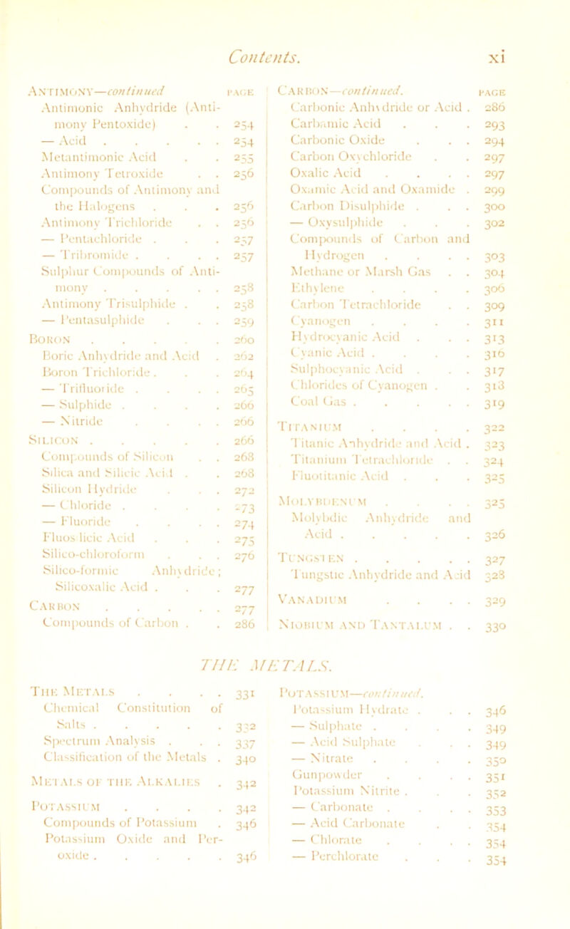 A NTJ MON V—con tiu ued I'AGE C A R1 to N—con tin ued. HAGE Antimonic Anhydride (Anti- Carbonic Anhtdride or Acid . 286 mony Pentoxidc) 25-1 Carbamic Acid 293 — Acid ..... 254 Carbonic Oxide 294 Metantimonic Acid 255 Carbon Oxychloride 297 Anlimony Tetroxide . . 256 Oxalic Acid 297 Compounds of Antimony and Oxumic Acid and Oxamidc . 299 ihe Halogens 256 Carbon Disulphide . 300 Antimony Trichloride . . 256 — Oxysulphide 302 — Pentachloride . 257 Compounds of Carbon and — Tribromide . . . . 257 Hydrogen 303 Sulpliur Compounds of Anti- Methane or Marsh Gas 3°4 mony . . . . . 258 Ethylene 306 Antimony Trisulphide . 258 Carbon Tetrachloride 3°9 — l’entasulphide . . . 259 Cyanogen 31 I Bo KON 260 Hydrocyanic Acid 313 Boric Anhydride and Acid 2Ö2 Cyanic Acid . 316 Boron Trichloride. 264 Sulphocvanic Acid . 317 — Trifluoridc . . . 265 Chlorides of Cyanogen . 3i3 — Sulphide .... 266 Coal Gas . 3«9 — Nitride . . 266 Titanium 322 Silicon 266 Titanic Anhydride and Acid . 323 Compounds of Silicon 268 Titanium Tetrachloridc 324 Silica and Silicic Acid ro o-. 00 Fluotitanic Acid . 325 Silicon Hydride 272 — Chloride .... 273 MoLVBUENL'M 325 — Fluoride . . . . 274 Molybdic Anhydride and Fluos licic Acid 275 Acid .... 326 Silico-chloroform 276 Tungsten . 327 Silico-formic Anh\ dric'c; 1 ungstic Anhydride and Acid 328 Silicoxalic Acid . 277 Carbon 277 Vanadium 329 Compounds of Carbon . 286 N[OBIUM AND TANTAI.I'M 33° TIIE METALS. The Metals . . . . 33i Pot A SSI U M—con tin ued. Chemical Constitution of Potassium Hydrate . • • 346 Salts ..... 332 — Sulphate . ■ 349 Spectrum Analysis . . . 337 — Acid Sulphate • • 349 Classification of the Metals . 34° — Nitrate ■ 352 Metals oe tue Alkalies 342 Gunpowder ■ • 35i Potassium Nitrite . • 352 POTASSIUM .... 342 — Carbonate . ■ • 353 Compounds of Potassium 346 — Acid Carbonate ■ 354 Potassium Oxide and Per- — Chlorate 354 oxide 346 — Perchlorate • 354