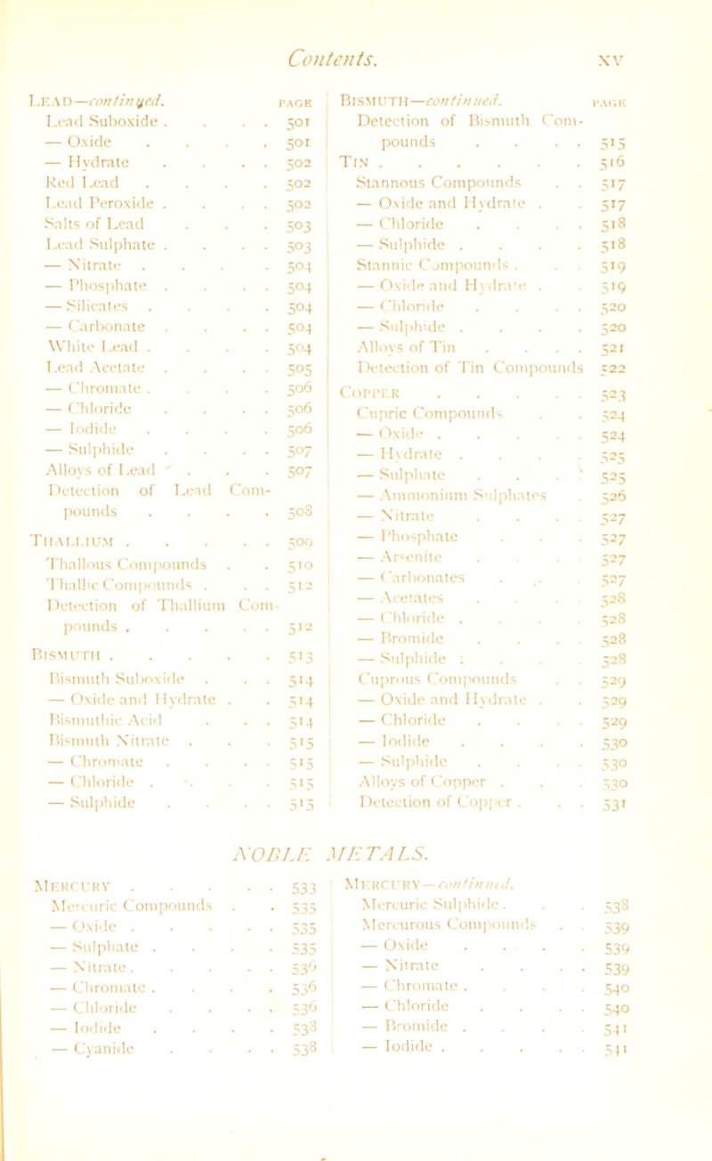 Lead —con tin yed. PACE Lead Suboxide . 5°1 — Oxide 5°* — Hydrate 502 Red Lead 502 Lead Peroxide . 502 Salts of Lead S°3 Lead Sulphate . 5°3 — Nitrate 5°4 — Phosphate . 5°4 — Silicates 5°4 — Carbonate S°4 White Lead . 5°4 Lead Acetate 5°5 — Chromate . 506 — Chloride 506 — lodide 506 — Suiphide S07 Alloys of Lead ' . Detection of Lead Com- 50/ pounds 508 Thali.ium . 5°9 Thallous Compounds 5'° Thallic Compounds . 512 Detection of Thallium Com pounds . 512 Bismuth . 513 Bismuth Suboxide 5>4 — Oxide and 1 lydrate 5r4 Bismuthic Acid 514 Bismuth Nitrate 5'S — Chromate 315 — Chloride . 5*5 — Suiphide 5*5 NOBLE Mercury . 533 Mercuric Compounds 535 — Oxide . 535 — Sulphate . 535 — Nitrate. 536 — Chromate . 536 — Chloride 53<> — lodide 533 — Cyanide 538 BlSMUTH—continued. pagb Detection of Bismuth Com- pounds . . . . 515 Tim 516 Stannous Compounds . . 517 — Oxide and Hydrate . . 517 — Chloride . . . . 518 — Suiphide .... 518 Stannic Compounds . 519 — Oxide and Hydrate . 519 — Chloride . . . . 520 — Suiphide .... 520 Alloys of Tin 521 Detection of Tin Compounds 522 COPPER 523 Cupric Compounds . . 524 — Oxide ..... 524 — Hydrate .... 525 — Sulphnte . . . 525 — Ammonium Sulphates 526 — Nitrate . . . 527 — Phosphate 527 — Arsenile . 527 — Carbonates . .. 527 — Acetales . 528 — Chloride .... 528 — Bromide . . . 528 — Suiphide : . . . 528 Cuprous Compounds . 529 — Oxide and Hydrate . . 529 — Chloride . . 529 — Todide .... 530 — Suiphide . . . . 530 Alloys of Copper . . . 330 Detection of Copper . . . 531 METALS. Mercury—eontinutd. Mercuric Suiphide. • 533 Mcrcurous Compounds • ■ 539 — Oxide ■ 539 — Nii rate • • 539 — Chromate . • 54° — Chloride ■ 54° — Bromide . 54t — lodide . • 54'