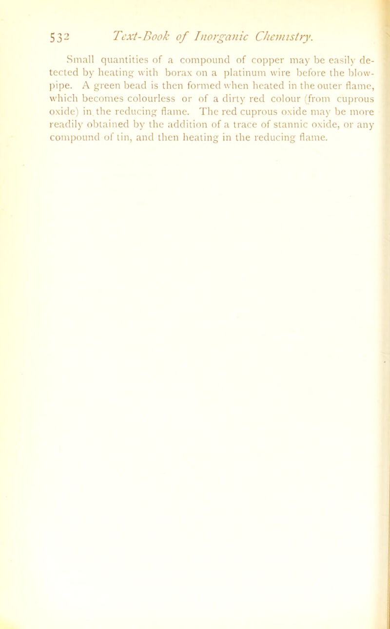 Small quantities of a compound of copper may be easily de- tectcd by heating with borax on a platinum wire before the blow- pipe. A green bead is then formed when heated in theouter flame, which becomes colourless or of a dirty red colour (from cuprous oxide) in. the reducing flame. Tbc red cuprous oxide may be more readily obtained by the addition of a trace of stannic oxide, or any compound of tin, and then heating in the reducing flame.