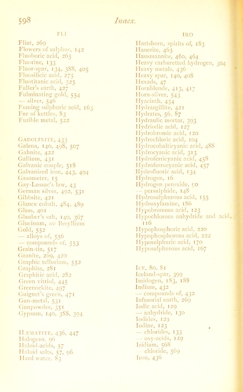 FU Flint, 269 Flowers of sulphur, 142 Fluoboric acid, 265 Fluorine, 133 Fluor-spar, 134, 3SS, 405 Fluosilicic acid, 275 Fluotitanic acid, 325 Fuller’s earth, 427 Fulminating gold, 554 — silver, 546 Finning sulphuric acid, 163 Für of kettles, 83 Fusible metal, 522 Gadolinitic, 433 Galena, 140, 49S, 507 Gahnite, 422 Gallium, 431 Galvanic couple, 51S Galvanized iron, 443, 494 Gasometer, 15 Gay-Lussac’s law, 43 German silver, 492, 531 Gibbsite, 421 Glance cobalt, 4S4, 4S9 Glass, 401 Glauber’s salt, 140, 367 Glucinum, sec Beryllium Gold, 552 — alloys of, 556 — Compounds of, 553 Grain-tin, 517 Granite, 269, 420 Graphic tellurium, 552 Graphite, 281 Graphitic acid, 2S2 Green vitriol, 445 Greenockite, 497 Guignet’s green, 471 Gun-metal, 531 Gunpowder, 351 Gypsum, 140, 38S, 394 H.f.matitf., 436, 447 Halogens. 96 Haloid-acids, 57 I faloid salts, 57, 96 I lard water, S3 IRQ Hartshorn, spirits of, 1S3 I lauerite, 463 Hausmannite, 460, 464 Heavy carburetted hydrogen, 304 Heavy metals, 436 Heavy spar, 140, 40S Hexads, 47 Hornblende, 413, 417 Horn-silver, 543 Hyacinth, 434 Hydrargillite, 421 Hydrates, 56, 87 Ilydraulic mortar, 393 Hydriodic acid, 127 Hydrobromic acid, 120 Ilydrochloric acid, 104 Ilydrocobalticyanic acid, 48S Kydrocyanic acid, 313 Hydroferricynnic acid, 458 Hydroferrocyanic acid, 457 Hydrofluoric acid, 134 Hydrogen, 16 Hydrogen peroxide, co - persulphide, 148 I [ydrosulplnirous acid, 155 Hydroxylamine, 186 Ilypobromous acid, 123 Hypochlorous anhydride and acid 116 Ilypophosphoric acid, 220 Ilypophosphorous acid, 222 Hyposulphuric acid, 170 Ilyposulphurous acid, 167 Ice, 80, Si Iceland-spar, 399 Imidogen, 1S3, tSS Indium, 432 — compounds of, 432 Infusorial earth, 269 Iodic acid, 129 — anhydride, 130 Iodides, 129 lodine, 123 — Chlorides, 133 - oxy-acids, 129 Iridium, 568 chloride, 569 Iron, 436