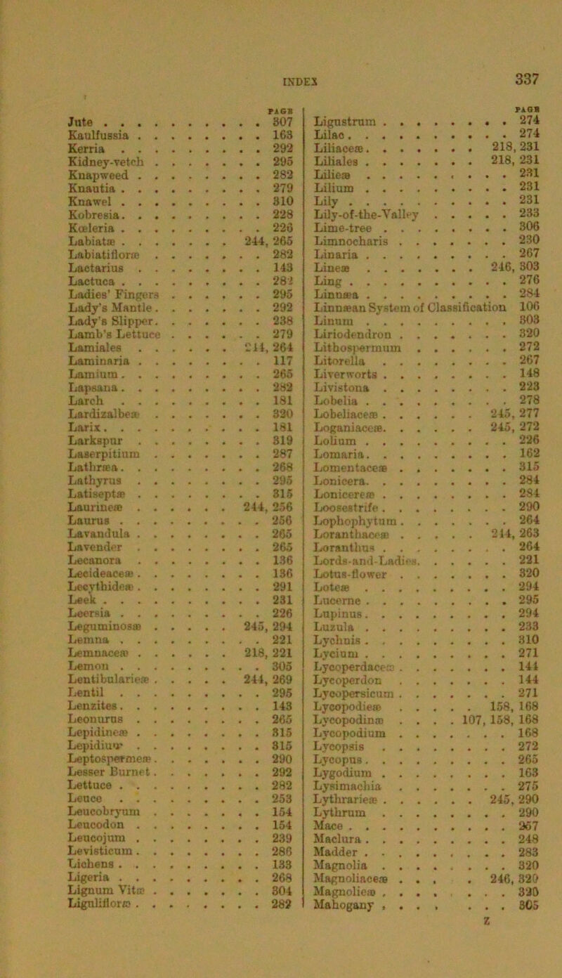 FiG> Jute 307 Kaulfussia 163 Kerria 292 Kidney-vetch 295 Knapweed 282 Knautia 279 Knawel 310 Kobresia 228 Kceleria 226 Labial« 244, 265 Labiatitlor® 282 Lactarius 143 Lactuca 282 Ladies’ Fingers 295 Lady’s Mantle 292 Lady’ß Slipper 238 Lamb’s Lettuce 279 Lamiales 214,264 Laminaria 117 Lamium 265 Lapsana 282 Larch 181 Lardizalbe« 320 Larix 181 Larkspur 319 Laserpitium 287 Lathrwa 268 Lathyrus 295 Latisept« 315 Launuem 244, 256 Laurus 256 Lavandula 265 Lavender 265 Lecanora 136 Lecideace« 136 Leevthide® 291 Lee'k 231 Leersia 226 Leguminos® 245,294 Lemna 221 Lemnacem 218, 221 Lernen 305 Lentibularie® 244, 269 Lentil 295 Lenzites 143 Leonurus 265 Lepidine» 315 Lepidiuv 315 Leptospernie® 290 Lesser Burnet 292 Lettuce 282 Leuce 253 Leucobryum 154 Leucodon 154 Leucojum 239 Levisticum 286 Lichens 133 Ligeria 268 Lignum Vit® 304 Liguliflor» 282 PiOS Ligustrum ........ 274 Lilac 274 Liliace® 218,231 Lilialcs 218, 231 Lilie® 231 Lilium 231 Lily 231 Lily-of-the-Valley 233 Lime-tree 306 Limnocharis 230 Linaria 267 Line® 246, 303 Ling 276 Linu«a 284 Linn&an System of Classification 106 Linum 303 Liriodendron 320 Lithospermmn 272 LitoreUa 267 Liverworts 148 Livistona 223 Lobelia 278 Lobeliace® 245, 277 Loganiace® 245, 272 Lolium 226 Lomaria Lomentace® Lonicera Lonicerem Loosestrife Lophophyturn Lorant hace® Loranthns Lords-and-Ladies. . . . Lotus-flower Lote« . 162 . 315 . 284 . 284 . 290 . 264 214, 263 . 264 . 221 . 320 . 294 Lucerne . . LupinuB. . Luzula . . Lychnis. . Lveium . . Lyooperdace® Lycoperdon Lycopersicum Lyeopodie« Lycopodinro Lyco podium Lycopsis Lycopus. . Lygodium . Lysimaehia Lythrarie« . Lythrum Mace . . . Maclura . . Madder . . Magnolia . Magnoliace® Magnolie® , Mahogany , 295 294 233 310 271 144 144 271 158, 168 . . . . 107, 158, 168 168 272 265 163 275 245,290 290 267 248 283 320 . . . . 246, 320 320 305