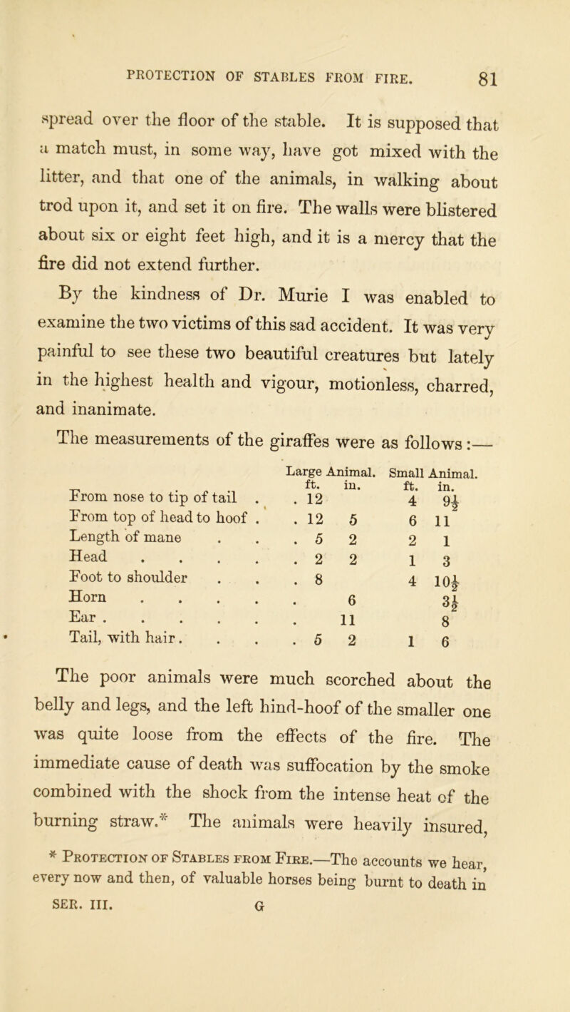 spread over the floor of the stable. It is supposed that a match must, in some way, have got mixed with the litter, and that one of the animals, in walking about trod upon it, and set it on fire. The walls were blistered about six or eight feet high, and it is a mercy that the fire did not extend further. By the kindness of Dr. Murie I was enabled to examine the two victims of this sad accident. It was very painful to see these two beautiful creatures but lately in the highest health and vigour, motionless, charred, and inanimate. The measurements of the giraffes were as follows: Large Animal. Small Animal. From nose to tip of tail . ft. in. ft. in. . 12 4 From top of head to hoof . . 12 5 6 11 Length of mane . 5 2 2 1 Head .... . 2 2 1 3 Foot to shoulder . 8 4 lOi Horn .... 6 3i Ear ..... 11 8 Tail, with hair. . 5 2 1 6 The poor animals were much scorched about the belly and legs, and the left hind-hoof of the smaller one was quite loose from the effects of the fire. The immediate cause of death was suffocation by the smoke combined with the shock from the intense heat of the burning straw.'^' The animals were heavily insured, * Protection of Stables from Fire.—The accounts we hear every now and then, of valuable horses being burnt to death in SER. HI. G