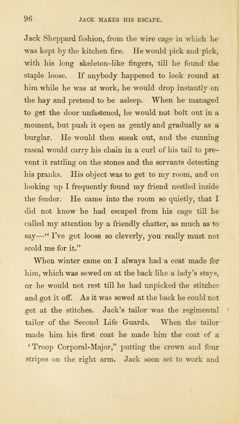 Jack Sheppard fashion, from the wire cage in which he was kept by the kitchen fire. He would pick and pick, with his long skeleton-like fingers, till he found the staple loose. If anybody happened to look round at him while he was at work, he would drop instantly on the hay and pretend to be asleep. When he managed to get the door unfastened, he would not bolt out in a moment, but push it open as gently and gradually as a burglar. He would then sneak out, and the cunning rascal would carry his chain in a curl of his tail to pre- vent it rattling on the stones and the servants detecting his pranks. His object was to get to my room, and on looking up I frequently found my friend nestled inside the fender. He came into the room so quietly, that I did not know he had escaped from his cage till he called my attention by a friendly chatter, as much as to say—“ I’ve got loose so cleverly, you really must not scold me for it.” When winter came on I always had a coat made for him, which was sewed on at the back like a lady’s stays, or he would not rest till he had unpicked the stitches and got it off. As it was sewed at the back he could not get at the stitches. Jack’s tailor was the regimental tailor of the Second Life Guards. When the tailor made him his first coat he made him the coat of a ‘ Troop Corporal-Major,” putting the crown and four stripes on the right arm. Jack soon set to work and