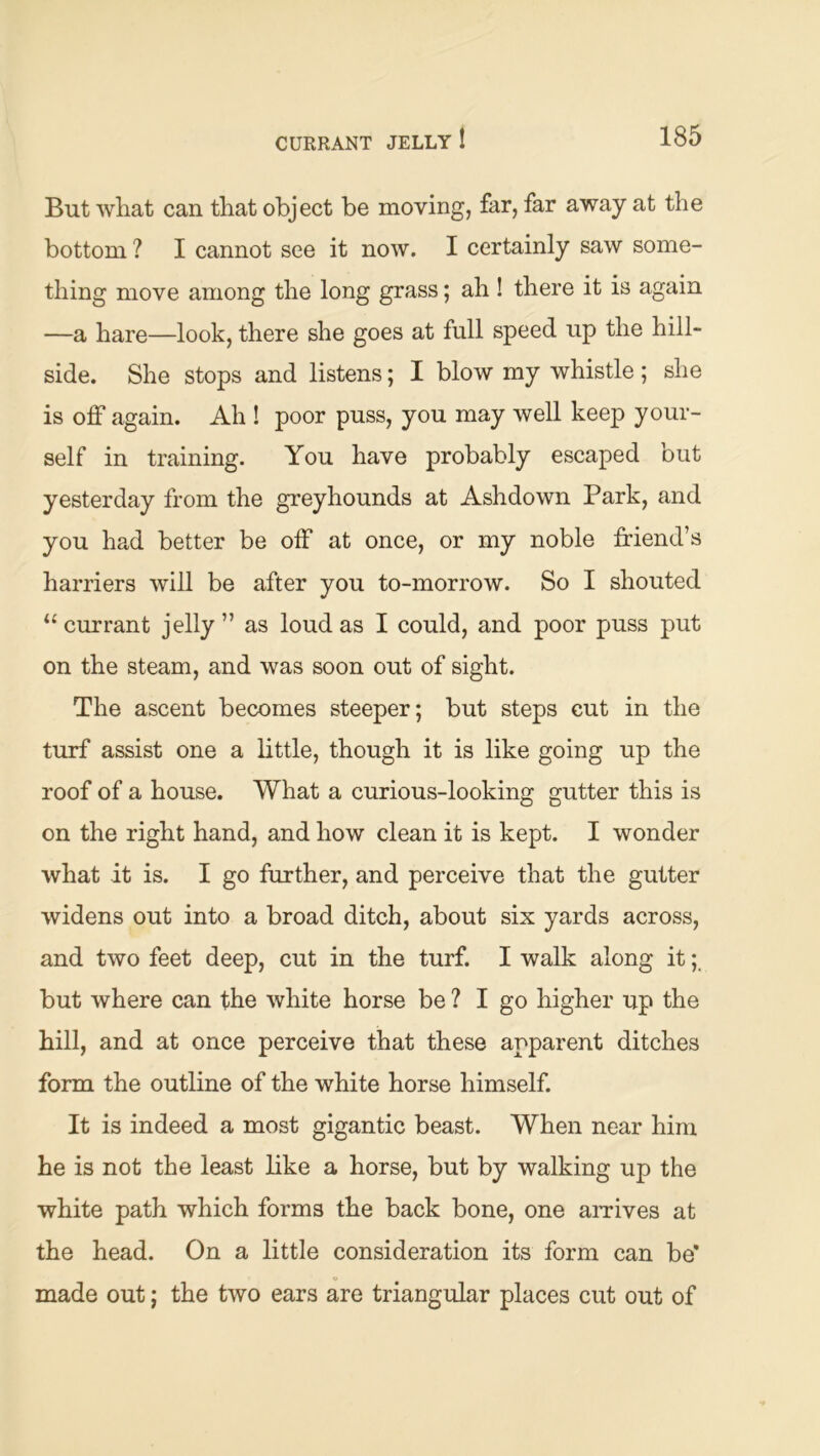 But wliat can that object be moving, far, far away at the bottom ? I cannot see it now. I certainly saw some- thing move among the long grass; ah ! there it is again —a hare—look, there she goes at full speed up the hill- side. She stops and listens; I blow my whistle; she is off again. Ah ! poor puss, you may well keep your- self in training. You have probably escaped but yesterday from the greyhounds at Ashdown Park, and you had better be off at once, or my noble friend’s harriers will be after you to-morrow. So I shouted “currant jelly” as loud as I could, and poor puss put on the steam, and was soon out of sight. The ascent becomes steeper; but steps cut in the turf assist one a little, though it is like going up the roof of a house. What a curious-looking gutter this is on the right hand, and how clean it is kept. I wonder what it is. I go further, and perceive that the gutter widens out into a broad ditch, about six yards across, and two feet deep, cut in the turf. I walk along it but where can the white horse be ? I go higher up the hill, and at once perceive that these apparent ditches form the outline of the white horse himself. It is indeed a most gigantic beast. When near him he is not the least like a horse, but by walking up the white path which forms the back bone, one aiTives at the head. On a little consideration its form can be' made out; the two ears are triangular places cut out of