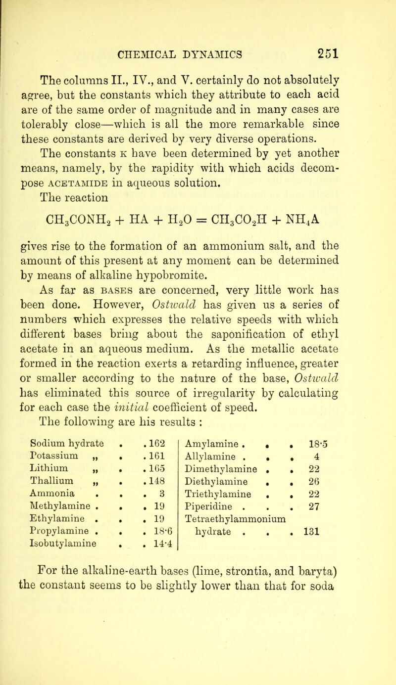 The columns II., IV., and V. certainly do not absolutely agree, but the constants which they attribute to each acid are of the same order of magnitude and in many cases are tolerably close—which is all the more remarkable since these constants are derived by very diverse operations. The constants k have been determined by yet another means, namely, by the rapidity with which acids decom- pose acetamide in aqueous solution. The reaction CH3CONH2 + HA + H20 = CH3C02H + NH4A gives rise to the formation of an ammonium salt, and the amount of this present at any moment can be determined by means of alkaline hypobromite. As far as bases are concerned, very little work has been done. However, Ostivcild has given us a series of numbers which expresses the relative speeds with which different bases bring about the saponification of ethyl acetate in an aqueous medium. As the metallic acetate formed in the reaction exerts a retarding influence, greater or smaller according to the nature of the base, Ostwald has eliminated this source of irregularity by calculating for each case the initial coefficient of speed. The following are his results : Sodium hydrate .162 Amylamine . • • 18' Potassium „ .161 Allylamine . • • 4 Lithium „ .165 Dimethylamine • • 22 Thallium „ .148 Diethylamine • • 26 Ammonia . 3 Triethylamine • • 22 Methylamine . Ethylamine . . 19 . 19 Piperidine . . . Tetraethylammonium 27 Propylamine . Isobutylamine . 18-6 . 14-4 hydrate . • • 131 For the alkaline-earth bases (lime, strontia, and baryta) the constant seems to be slightly lower than that for soda