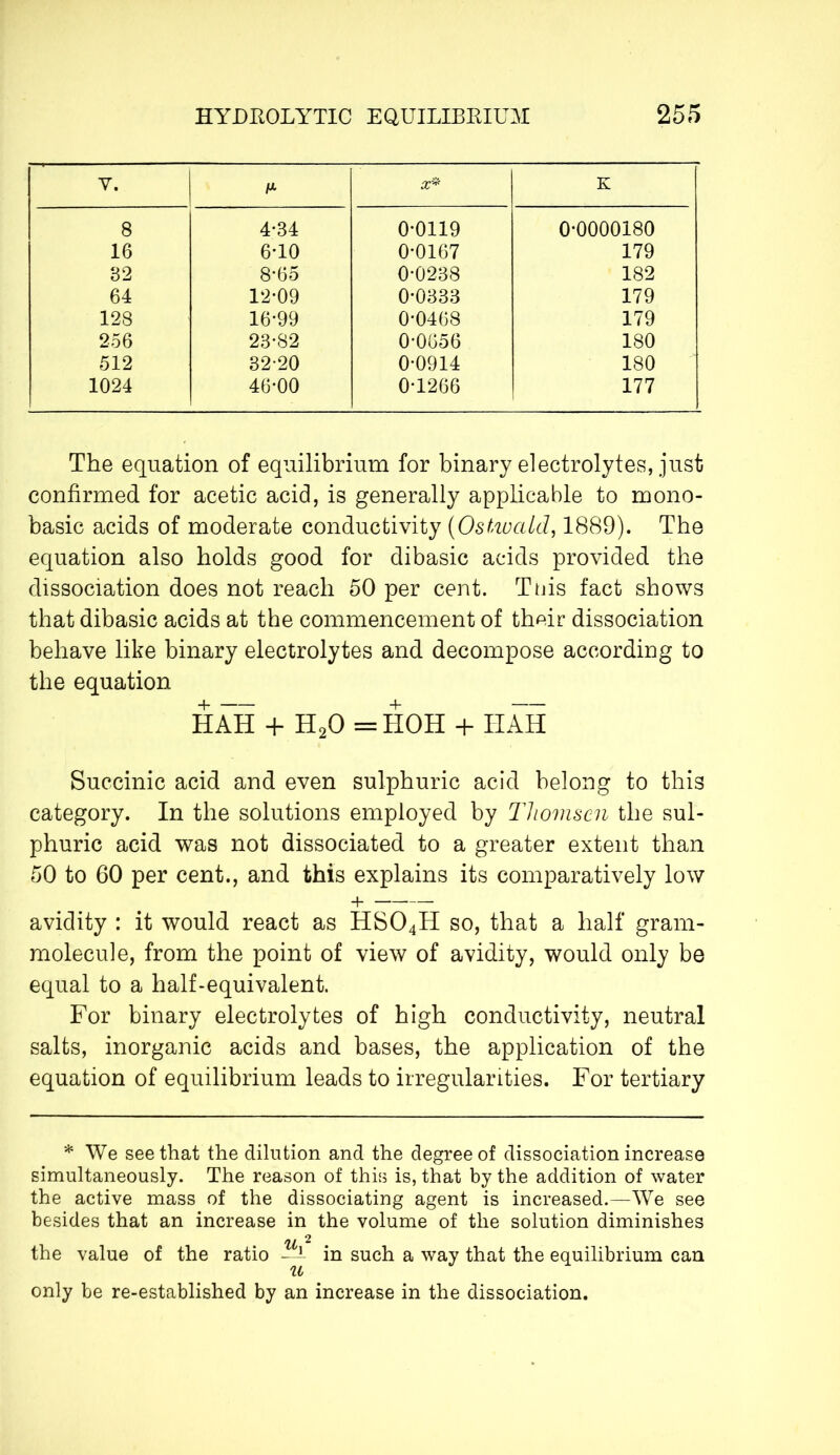 V. X* K 8 4*34 0-0119 0-0000180 16 6*10 0-0167 179 82 8-65 0-0238 182 64 12-09 0-0333 179 128 16-99 0-0468 179 256 23-82 0-0656 180 512 32*20 0-0914 180 1024 46-00 0-1266 177 The equation of equilibrium for binary electrolytes, just confirmed for acetic acid, is generally applicable to mono- basic acids of moderate conductivity (Ostwald, 1889). The equation also bolds good for dibasic acids provided the dissociation does not reach 50 per cent. Tnis fact shows that dibasic acids at the commencement of their dissociation behave like binary electrolytes and decompose according to the equation HAH + H20 = HOH + HAH Succinic acid and even sulphuric acid belong to this category. In the solutions employed by Tliomscn the sul- phuric acid was not dissociated to a greater extent than 50 to 60 per cent., and this explains its comparatively low avidity : it would react as HS04H so, that a half gram- molecule, from the point of view of avidity, would only be equal to a half-equivalent. For binary electrolytes of high conductivity, neutral salts, inorganic acids and bases, the application of the equation of equilibrium leads to irregularities. For tertiary * We see that the dilution and the degree of dissociation increase simultaneously. The reason of this is, that by the addition of water the active mass of the dissociating agent is increased.—We see besides that an increase in the volume of the solution diminishes the value of the ratio —?l- in such a way that the equilibrium can only be re-established by an increase in the dissociation.