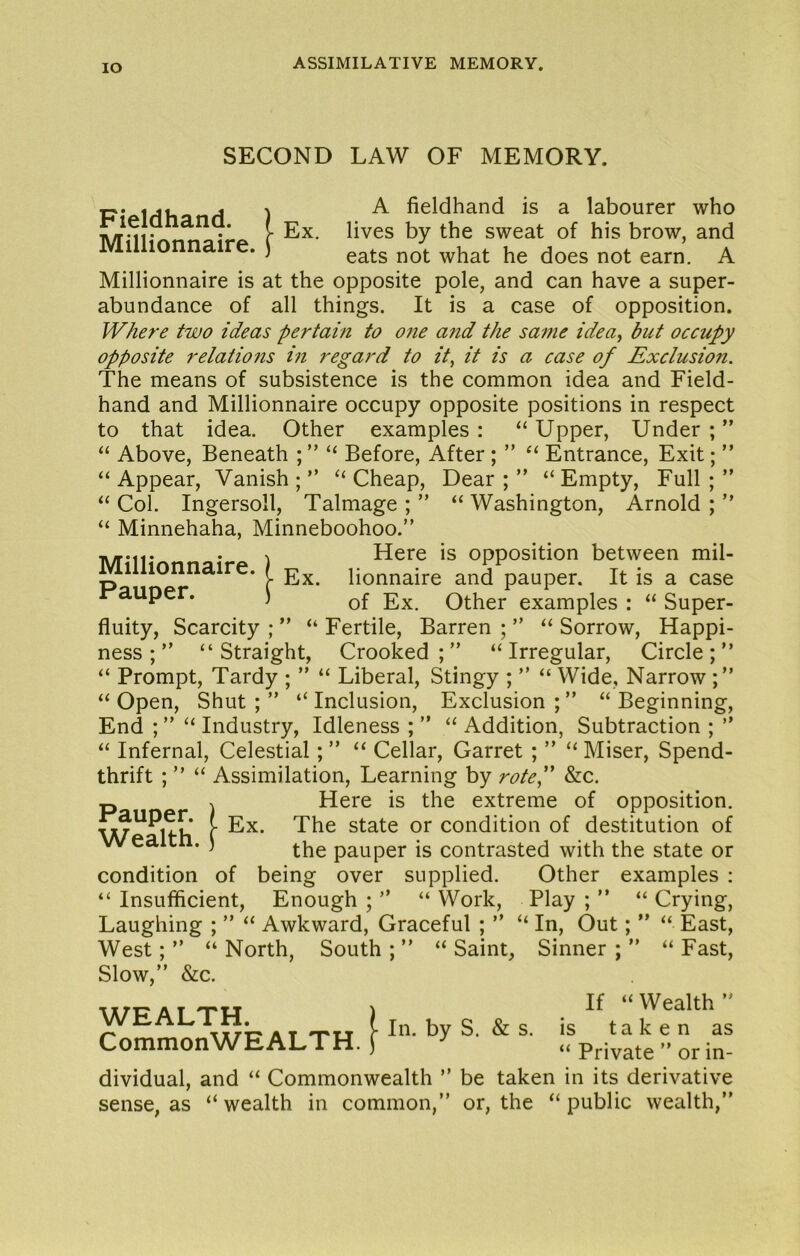lO SECOND LAW OF MEMORY. Fieldhand Millionnaire ire. j Ex. >> Millionnaire. Pauper. A fieldhand is a labourer who lives by the sweat of his brow, and eats not what he does not earn. A Millionnaire is at the opposite pole, and can have a super- abundance of all things. It is a case of opposition. Where two ideas pertain to one and the sa7?ie idea, but occupy opposite relatio7is in regard to it, it is a case of Exclusion. The means of subsistence is the common idea and Field- hand and Millionnaire occupy opposite positions in respect to that idea. Other examples : “ Upper, Under “ Above, Beneath ; ” “ Before, After ; ” Entrance, Exit “Appear, Vanish;” “Cheap, Dear;” “Empty, Full “Col. Ingersoll, Talmage; ” “Washington, Arnold “ Minnehaha, Minneboohoo.” Here is opposition between mil- Ex. lionnaire and pauper. It is a case of Ex. Other examples : “ Super- fluity, Scarcity ; ” “ Fertile, Barren ; ” “ Sorrow, Happi- ness ; ” “ Straight, Crooked ; ” “ Irregular, Circle ; ” “ Prompt, Tardy ; ” “ Liberal, Stingy ; ” “ Wide, Narrow “Open, Shut;” “Inclusion, Exclusion;” “ Beginning, End ; ” “ Industry, Idleness ; ” “ Addition, Subtraction ; ” “ Infernal, Celestial; ” “ Cellar, Garret ; ” “ Miser, Spend- thrift ; ” “ Assimilation, Learning by rotef &c. p . Here is the extreme of opposition. i state or condition of destitution of wea t . ) pauper is contrasted with the state or condition of being over supplied. Other examples : “ Insufficient, Enough ; ” “ Work, Play ; ” “ Crying, Laughing ; ” “ Awkward, Graceful ; ” “ In, Out; ” “ East, West; ” “ North, South ; ” “ Saint, Sinner ; ” “ Fast, Slow,” &c. TxrxjAT'TU \ “Wealth” yy^ f-In. by S. & s. is taken as CommonWEALTH. f “ Private ” or in- dividual, and “ Commonwealth ” be taken in its derivative sense, as “ wealth in common,” or, the “ public wealth,”