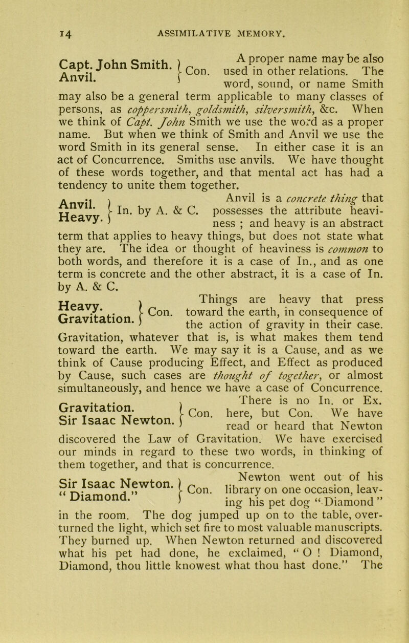 I A proper name may be also A ^ Con. used in other relations. The * ^ word, sound, or name Smith may also be a general term applicable to many classes of persons, as coppersmith, goldsmith, silversmith, &c. When we think of Capt. John Smith we use the word as a proper name. But when we think of Smith and Anvil we use the word Smith in its general sense. In either case it is an act of Concurrence. Smiths use anvils. We have thought of these words together, and that mental act has had a tendency to unite them together. Anvil. Heavy j Anvil is a co7icrete thing that !■ In. by A. & C. possesses the attribute heavi- * ' ness ; and heavy is an abstract term that applies to heavy things, but does not state what they are. The idea or thought of heaviness is common to both words, and therefore it is a case of In., and as one term is concrete and the other abstract, it is a case of In. by A. & C. pj j Things are heavy that press rteavy. t toward the earth, in consequence of uravitation. ) action of gravity in their case. Gravitation, whatever that is, is what makes them tend toward the earth. We may say it is a Cause, and as we think of Cause producing Effect, and Effect as produced by Cause, such cases are thotight of together, or almost simultaneously, and hence we have a case of Concurrence. ^ ^ There is no In. or Ex. Gravitation. Sir Isaac Newton. Con. here, but Con. We have read or heard that Newton discovered the Law of Gravitation. We have exercised our minds in regard to these two words, in thinking of them together, and that is concurrence. T XT i. Newton went out of his Sir Isaac Newton. ) library on one occasion leav- Diamond. [ “ Diamond ” in the room. The dog jumped up on to the table, over- turned the light, which set fire to most valuable manuscripts. They burned up. When Newton returned and discovered what his pet had done, he exclaimed, “ O ! Diamond, Diamond, thou little knowest what thou hast done.” The