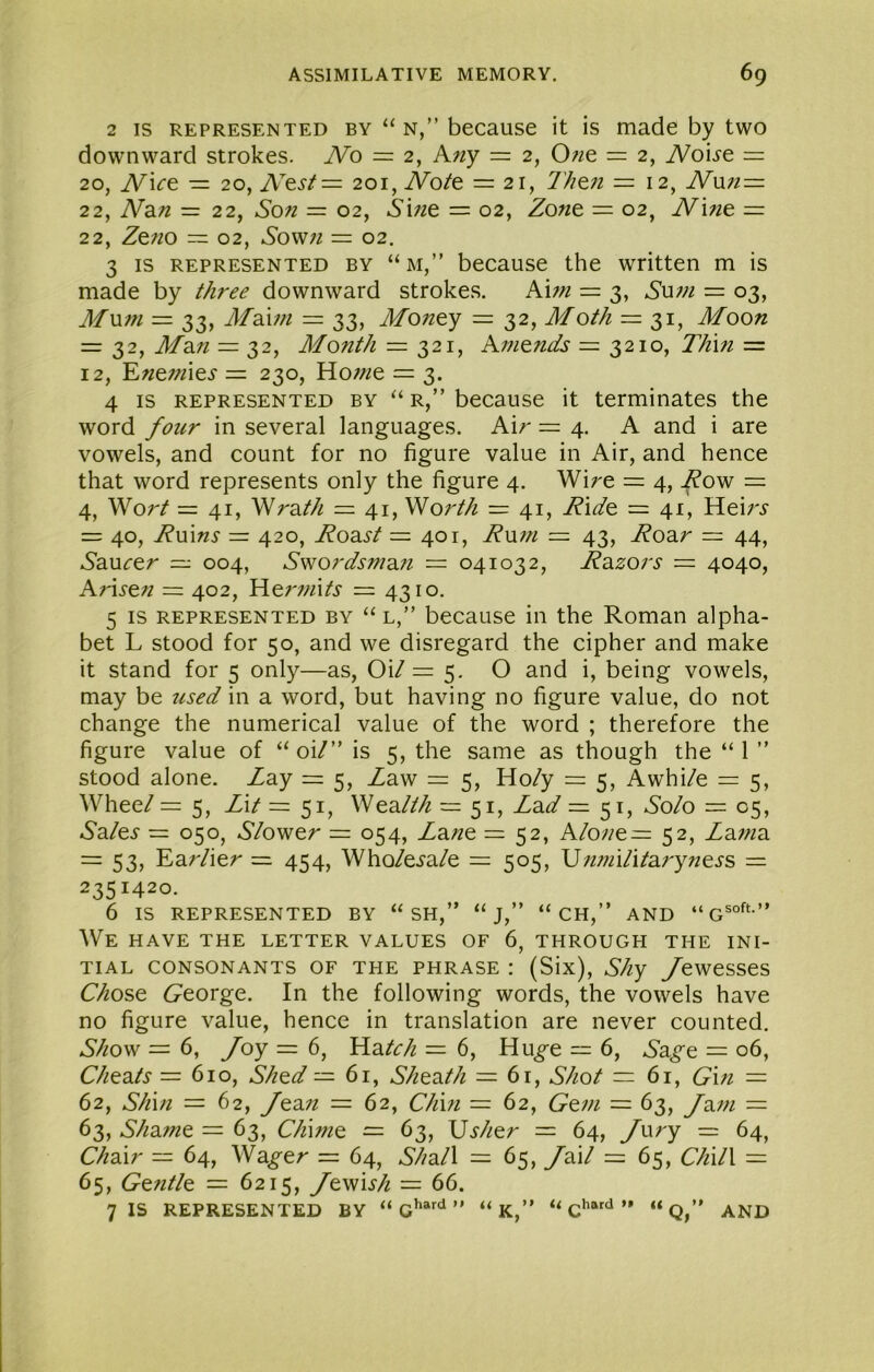 2 IS REPRESENTED BY “ N,” becausc it is made by two downward strokes. JVo — 2, Any — 2, 0?ie = 2, iVoi^e = 20, A/ice — 20, Aes/= 2oi,JV’o/e = 21, 77/en = 12, A7un= 22, Ndin =22, Son = 02, .5i;ze == 02, Zont = 02, Nine = 22, Zeno ~ 02, So\N7i ■=■ 02. 3 IS REPRESENTED BY “ M,” bccause the written m is made by three downward strokes. Ahn = 3, Su7n = 03, MvL7n = 33, MsiWi — 33, Money = 32, Moth = 31, Moon = 32, Mdifi — 32, Month — 321, A77iends — 3210, TJiin — 12, E7ie777ies = 230, Ho;//e = 3. 4 IS REPRESENTED BY “ R,” bccause it terminates the word four in several languages. Air =4. A and i are vowels, and count for no figure value in Air, and hence that word represents only the figure 4. Wire = 4, Ro^ — 4, Wo;Y == 41, Wra/// =: 41, North = 41, Ride = 41, Heirj- = 40, R\\\ns — 420, RodiSt — 401, Rmn — 43, Rostr = 44, ^Sau^rer — 004, S'words7m.7i = 041032, Rsizors = 4040, Arisen = 402, Eie7'77iits — 4310. 5 IS REPRESENTED BY “ L,” bccause ill the Roman alpha- bet L stood for 50, and we disregard the cipher and make it stand for 5 only—as. Oil =5. O and i, being vowels, may be tised in a word, but having no figure value, do not change the numerical value of the word ; therefore the figure value of “oi/” is 5, the same as though the “1 ” stood alone. Zay = 5, Zaw = 5, Ho/y = 5, Awhi/e = 5, Whee/ = 5, Lit =51, Nedilth = 51, ZaZ =51, Solo — 05, -5’a/ei' = 050, SlosNer = 054, Za/ze ==52, Alo7ie=^ 52, Ldi77m = 53, Ear/ier = 454, Who/ei’a/e =505, U;z/;d/i/ary«ejs = 2351420. 6 IS REPRESENTED BY “ SH,” “ J,” “ CH,” AND ” We have the letter values of 6, through the ini- tial CONSONANTS OF THE PHRASE : (Six), Shy Jewesses Chose George. In the following words, the vowels have no figure value, hence in translation are never counted. Show =6, foy = 6, Ha.teh — 6, Hu^e — 6, Z’a^e — 06, Chedits =610, Shed — 61, Shenth = 61, Shot =61, Gm = 62, Shi7i = 62, yea;? = 62, Chm = 62, Ge7n = 63, yaw = 63, Sli2L7ne — 63, Cliwie — 63, Usher = 64, fury = 64, Chair — 64, Wa^er = 64, Shall = 65, fail = 65, Chill = 65, Ge7itle =■ 6215, Jewish = 66. 7 IS REPRESENTED BY « “ K,” “ »» «