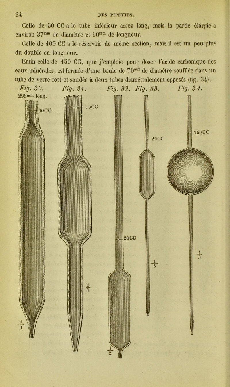 Celle de 50 CC a le tube inferieur assez long, mais la partie ßlargie a environ 37mm de diametre et 60ram de longueur. Celle de 100 CC a le reservoir de meme section, mais il est un peu plus du double en longueur. Enfin celle de 150 CC, que j'emploie pour doser l’acide carbonique des eaux minerales, estformee d'une boule de 70mm de diametre Soufflee dans un tube de verre fort et soudee ä deux tubes diametralement opposes (fig. 34). Fig. 30. Fig. 31. Fig. 32. Fig. 33. Fig. 34.