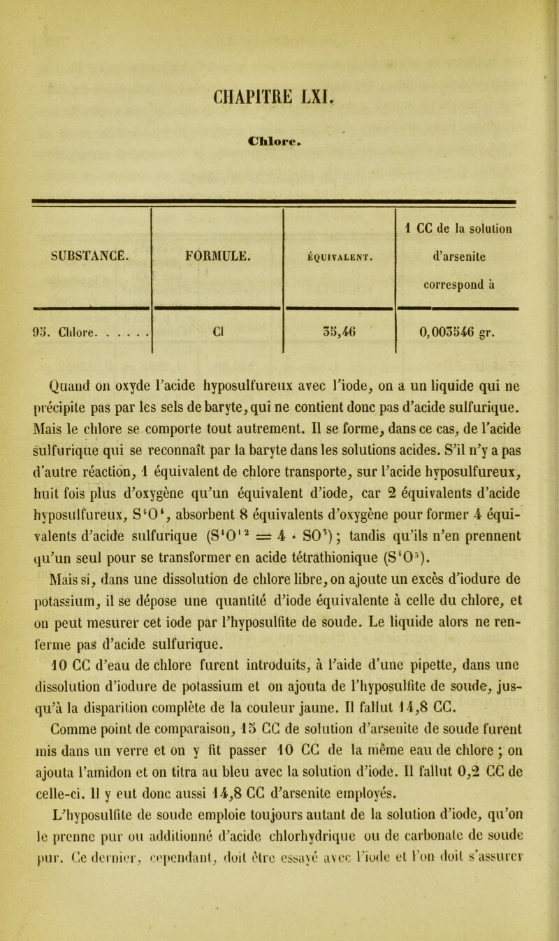 Chlore* 1 CC de la solution SUBSTANCE. FORMULE. EQUIVALENT. d’arsenite correspond a 93. Chlore CI 35,46 0,003546 gr. Qiiand on oxyde l’acide hyposulfureux avec l’iode, on a un liquide qui ne precipite pas par les sels debaryte,qui ne contient donc pas d’acide sulfurique. Mais le chlore se comporte tout autrement. II se forme, dans ce cas, de l’acide sulfurique qui se reconnait par la baryte dans les Solutions acides. S’il n’y a pas d’autre reaction, 4 equivalent de chlore transporte, sur l’acide hyposulfureux, huit fois plus d’oxygene qu’un equivalent d’iode, car 2 equivalents d’acide hyposulfureux, 8*0*, absorbent 8 equivalents d’oxygene pourformer 4 equi- valents d’acide sulfurique (S‘012 = 4 • SO’); tandis qu’ils n’en prennent qu’un seul pour se transformier en acide tetrathionique (S‘0:>). Maissi, dans une dissolution de chlore libre,on ajoute un exces d’iodure de potassium, il se depose une quantite d’iode equivalente ä celle du chlore, et on peut mesurer cet iode par l’hyposulfite de soude. Le liquide alors ne ren- ferme pas d’acide sulfurique. 10 CG d’eau de chlore furent introduits, ä l’aide d’une pipette, dans une dissolution d’iodure de potassium et on ajouta de l’hyposulfite de soude, jus- qu’ä la disparilion complete de la couleur jaune. II fallut 14,8 CC. Comme point de comparaison, 15 CC de solution d’arsenite de soude furent mis dans un verre et on y fit passer 10 CC de la meine eau de chlore ; on ajouta l’amidon et on titra au bleu avec la solution d’iode. II fallut 0,2 CC de celle-ci. II y eut donc aussi 14,8 CC d’arsenite employes. L’hyposulfite de soude emploie toujours autant de la solution d’iode, qu’on le prenne pur ou addilionne d’acidc chlorhydriquc ou de carbonale de soude