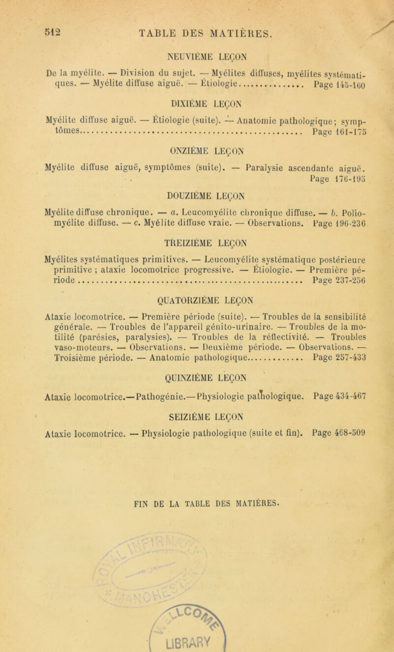 KEUVIÈME LEÇOiN De la myélite. — Division du sujet. — Myélites difluses, myélites systémati- ques. — IMyélite diffuse aiguë. — Étiologie Page 14o-1G0 DIXIÈME LEÇON Myélite diffuse aiguë. — Étiologie (suite). — Anatomie pathologique; symp- tômes Page 161-175 ONZIÈME LEÇON Myélite diffuse aiguë, symptômes (suite). — Paralysie ascendante aiguë. Page 176-195 DOUZIÈME LEÇON Myélite diffuse chronique. — a. Leucomyélite chronique diffuse.— h. Polio- myélite diffuse. — c. Myélite diffuse vraie. — Observations. Page 190-236 TREIZIÉME LEÇON Myélites systématiques primitives. — Leucomyélite systématique postérieure primitive ; ataxie locomotrice progressive. — Étiologie. — Première pé- riode Page 237-256 QUATORZIÈME LEÇON Ataxie locomotrice. — Première période (suite). — Troubles de la sensibilité générale. — Troubles de l’appareil génito-urinaire. — Troubles de la mo- tilité (parésies, paralysies). — Troubles de la réflectivité. — Troubles vaso-moteurs. — Observations. — Deuxième période. — Observations. — Troisième période. — Anatomie pathologique Page 257-433 QUINZIÉME LEÇON Ataxie locomotrice.—Pathogénie.— Physiologie patliologique. Page 434-467 SEIZIÈME LEÇON Ataxie locomotrice. — Physiologie pathologique (suite et fin). Page 468-509 FIN DE LA TABLE DES MATIÈRES.