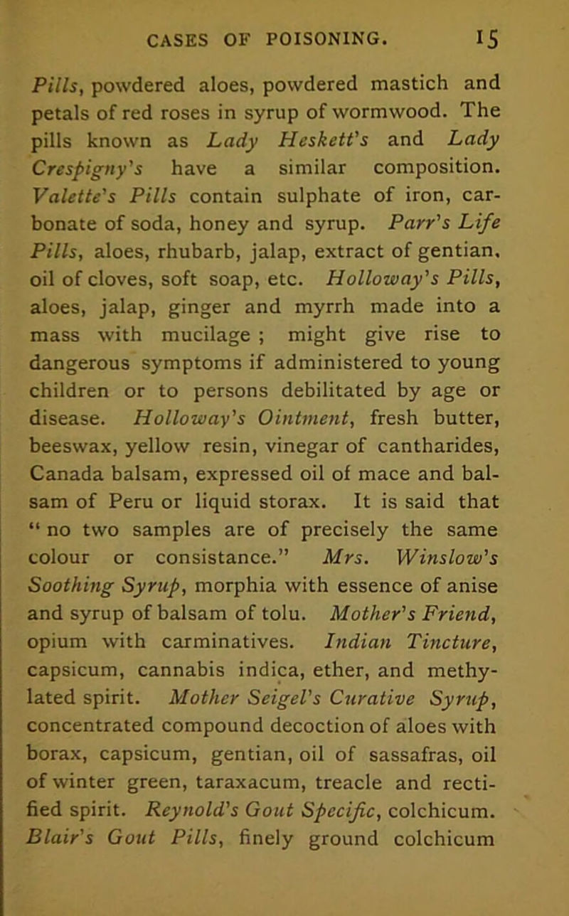 Pills, powdered aloes, powdered mastich and petals of red roses in syrup of wormwood. The pills known as Lady Heskett’s and Lady Crespigny's have a similar composition. Valette’s Pills contain sulphate of iron, car- bonate of soda, honey and syrup. Parr's Life Pills, aloes, rhubarb, jalap, extract of gentian, oil of cloves, soft soap, etc. Holloway's Pills, aloes, jalap, ginger and myrrh made into a mass with mucilage ; might give rise to dangerous symptoms if administered to young children or to persons debilitated by age or disease. Holloway's Ointment, fresh butter, beeswax, yellow resin, vinegar of cantharides, Canada balsam, expressed oil of mace and bal- sam of Peru or liquid storax. It is said that “ no two samples are of precisely the same colour or consistance.” Mrs. Winslow's Soothing Syrup, morphia with essence of anise and syrup of balsam of tolu. Mother's Friend, opium with carminatives. Indian Tincture, capsicum, cannabis indica, ether, and methy- lated spirit. Mother Seigel's Curative Syrup, concentrated compound decoction of aloes with borax, capsicum, gentian, oil of sassafras, oil of winter green, taraxacum, treacle and recti- fied spirit. Reynold's Gout Specific, colchicum. Blair's Gout Pills, finely ground colchicum