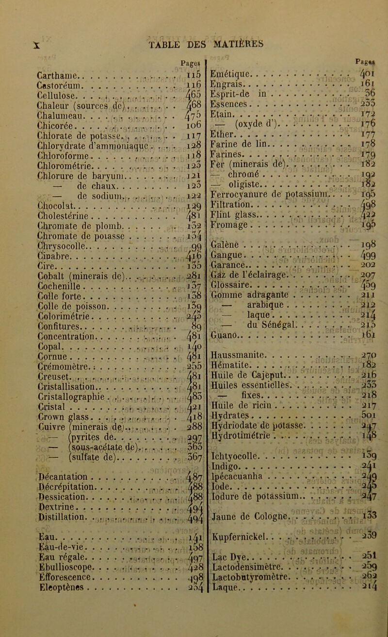 Carthame Castort5uin Cellulose. . . . i ., Chaleur (source.s dc). . ... Chalunieau. ........... Chicor(5e Chlorate de potasse. , ... . . Chlorydrate d’ainnioiuaquc. . Chloroforme .••••, Chlorom6trie Chlorure de baryuni — de chaux — de sodium.,, . . . . Chocolat . Cholestdrine Chromate de plomb Chromate de poiasse ..... Qirysocolle Cinabre Cire Cobalt (minerais dc).. .,. , Cochenille Code forte Code de poisson Colorimetric Confitures ,,i.> ... Concentration . Copal Cornue Cremoinetre.: . Creuset. . ..... .,... ... . . Cristadisation Cristadographie . . ..... Cristal Crown glass. Cuivre (minerais de).. .... •— (pyrites de. ...... — (sous-acdtate de), . . . — (sulfate de) Ddcantation Decrepitation Dessication Dextrine • • • • Distillation. .. , , Pages I Ti.>i Emetiquc Engrais Esprit-de in Essences Etain — (oxyde, d’). . . . . . . Ether. Farine de lin ,• • • • Farines . . . . Fer (minerais de) — chrome — oligistc Fei’rocyanure de potassium Filtration . . . Flint glass Fromage . . . . Galene Gangue. . . . , . . . . . . Garance . ) . • Gdz de reclairage. . . i . . Glossaire . . Gbmme adragantc . . ; . . — arabique 1 — laque — du Senegal. . . . . Guano Haussmanitc . Hematite . . . . . Huile de Cajeput. . . . . . . Huiles essenticdes. . . . . . — fixes Huile de ricin Hydrate^ Hydriodate de potasse. . . . Hydrotimetrie . Ichtyocode . . . Indigo Ipecacuanha . . lode. . lodure de potassium.. . . . Jaune de Cologne Pag« 401 161 36 253 172 176 177 178 179 182 102 182 iq5 498 42^ igf) 198 499 202 207 459 211 212 214 21.5 161 Eau Eau-de-vie . . . . i58 Eau regale • • 497 Ebullioscopo . 428 Efforescence qgS Elcoptenes Kupfernickel.. .......... 2o9 Lac Dye • • • 251 Lactodensimetrc. ......... 269 Lactobntyrometre 262 Laque 214