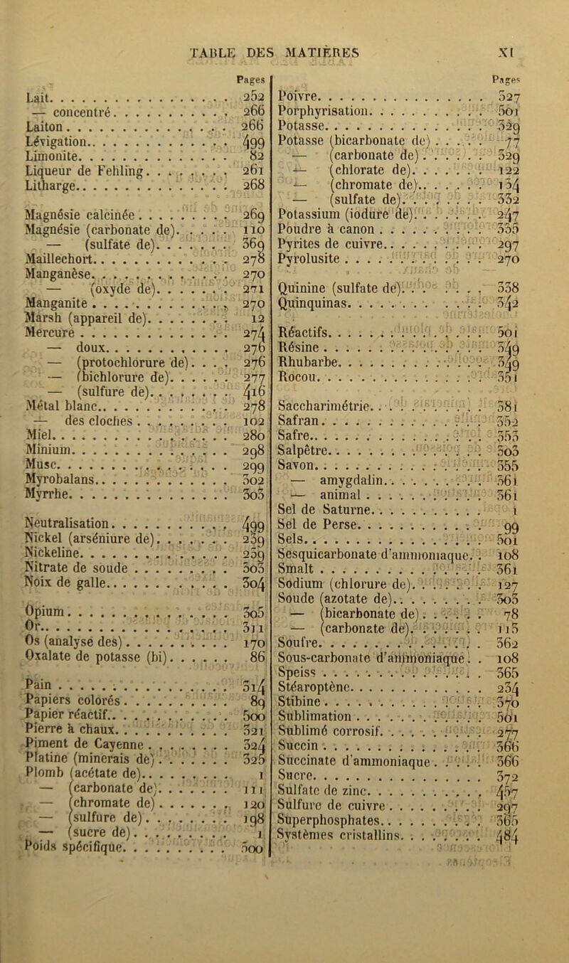 Lait — concentre. . . Laiton L^vigation Linionite Liqueur de Fehling Litharge Pages 25a 266 266 499 82 261 268 Magnfisie calcin^e......... 269 Magndsie (carbonate de). .... no — (sulfate de) 36q Maillechort 278 Manganese. . 270 — (oxyde de) . 271 Manganite . . . . • ^ 270 Marsh (appareil de) 12 Mercure 27/^ — doux. . 27b — (protochlorure de). . . . 276 — (bichlorure de) 277 — (sulfure de) 4^® •Metal blanc 278 — des cloches......... 102 Miel 280 Minium 298 Muse . 299 Myrobalans 002 Myrrhe 3o3 Neutralisation 499 Nickel (ars^niure de) . 239 Nickeline 289 Nitrate de soude 5o3 Noix de galle 3o4 Opium 3o5 Or . 3)1 Os (analyse des) ■. . . . 1701 Oxalate de potasse (hi) 86 Pain 3i4 Papiers color6s 8q Papier rdactif 5oo Pierre k chaux 32i Piment de Cayenne 024 Platine (mincrais de) 32b Plomb (aedtate de) 1 — (carbonate de) ni — (chromate de) j 20 — (sulfure de). jqS — (sucre de). ...... . . ' 1, Poids sp6cifique . ) . 000 Psges Poivre 027 Porphyrisation. .361 Potasse 329 Potasse (bicarbonate de)..... 77 — (carbonate de)...... 029 ^ (chlorate de) '. 122 — (chromate de).. ..... i54 — (sulfate de). . . . . . . . 332 Potassium (iodure de)l . . . . 24? Poudre k canon 335 Pyrites de cuivre . . . 297 Pyrolusite • . . . . . i'. 270 Quinine (sulfate de)i V . , 338 Quinquinas .... .342 Mactifs . , ... 5oi R6sine .- . . . 349 Rhubarbe 349 Rocou . 3b I Sacchariinetrie.. . . . .... 381 Safran i- .-. 352 Safre . 1 . . 353 Salpgtre . . ; . .3o3 Savon. . . - 355 — amygdalin. . . . . ..... .36) — animal 361 Sel de Saturne 1 Sel de Perse qq Sels. ,5oi Sesquicarbonate d’ammoniaquc. . 108 Smalt 361 Sodium (chlorure de). . i . . 127 Soude (azotate de) . 3o3 — (bicarbonate de).... . . 78 ^ (carbonate de).' . ... . . ii3 Soufre ....(. . 362 Sous-carbonate d’animoniaque. . 108 Speiss .......... . . . i . 365 Stdaropt6nc 264 Stibine : ; ■ 676 Sublimation .'. . . . 56i Sublimd corrosif. ..... : . . . 2*^ Succin . . 366 Succinate d'ammoniaque . . . . . .366 Sucre 372 Sulfate de zinc 4^7 Sulfure de cuivre 297 Superphosphates . 365 Syst^mes cristallins. 4^4